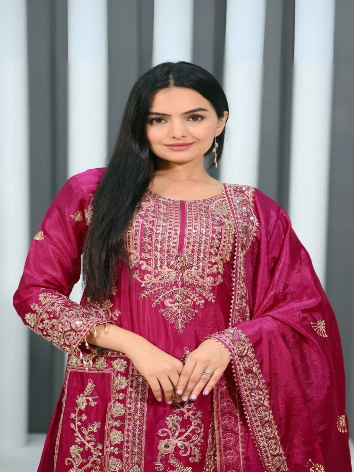 Odette Pink ChinonÂ Embroidered Stitched Kurta Set For Women - Image 3