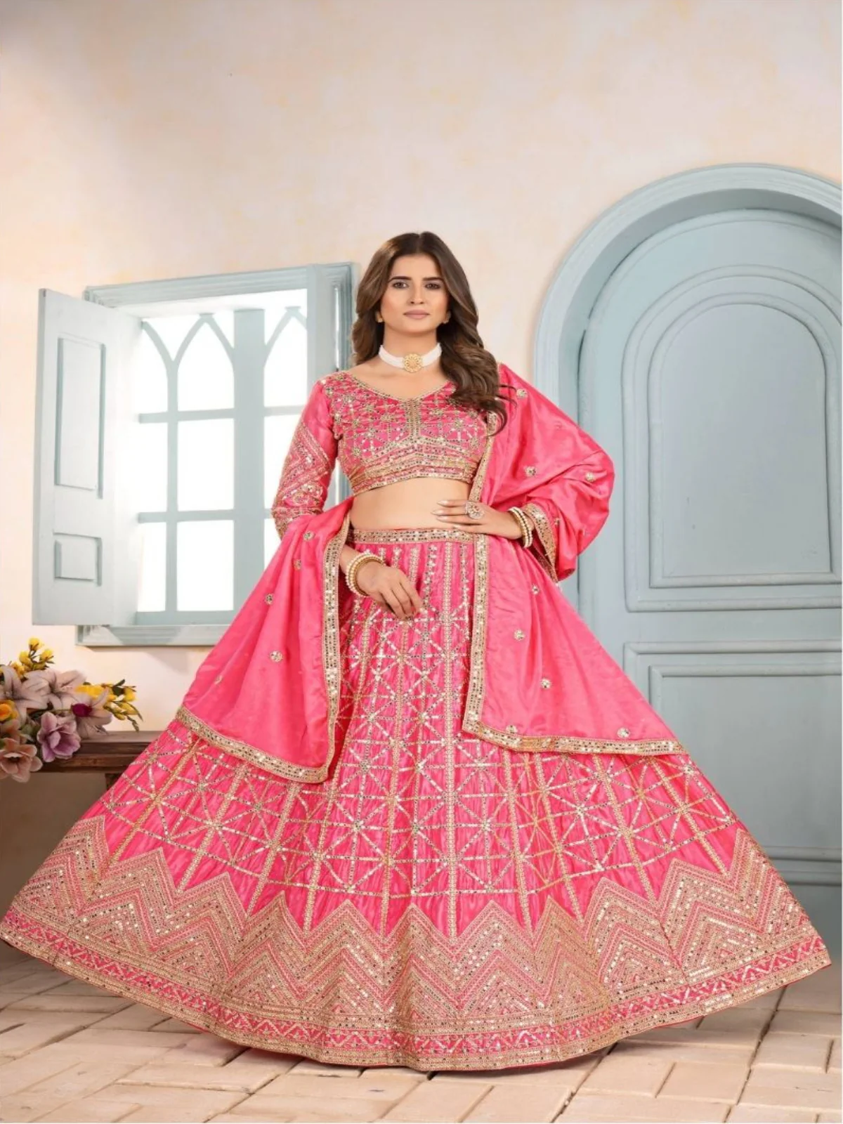 Odette Pink Chinon Sequence Embroidered Semi-Stitched Lehenga For Women - Image 2