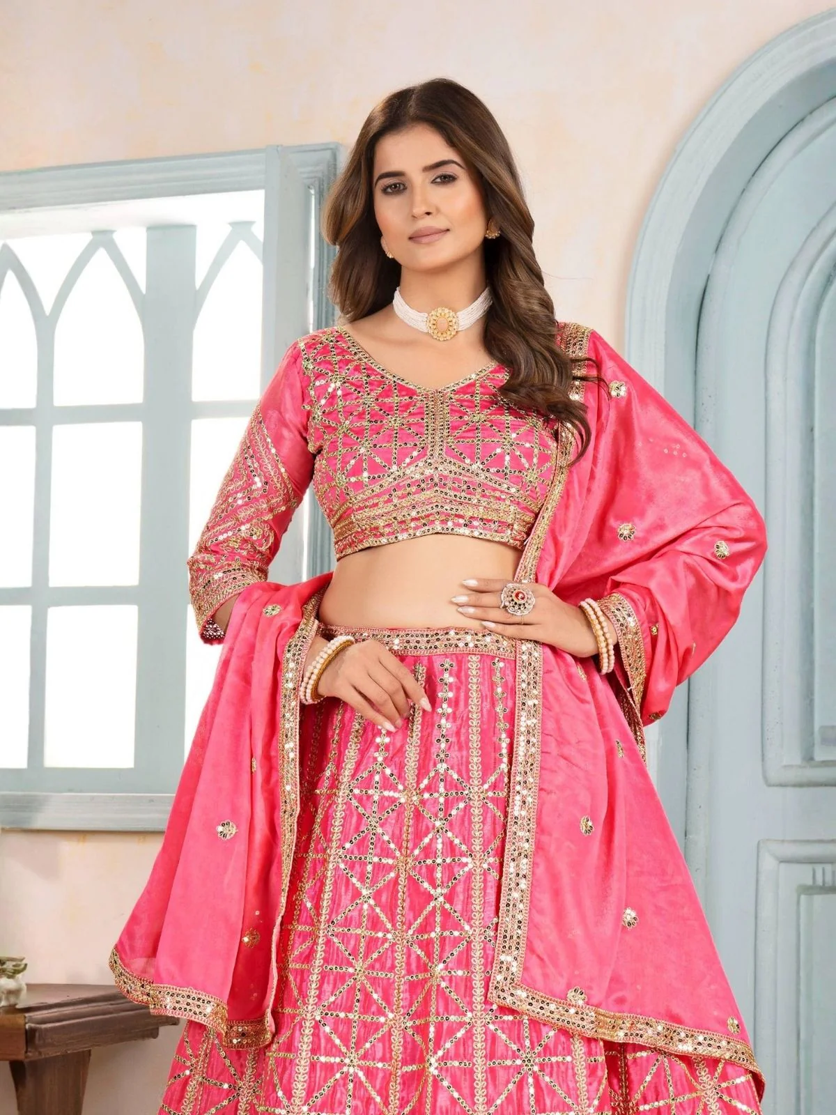 Odette Pink Chinon Sequence Embroidered Semi-Stitched Lehenga For Women - Image 3
