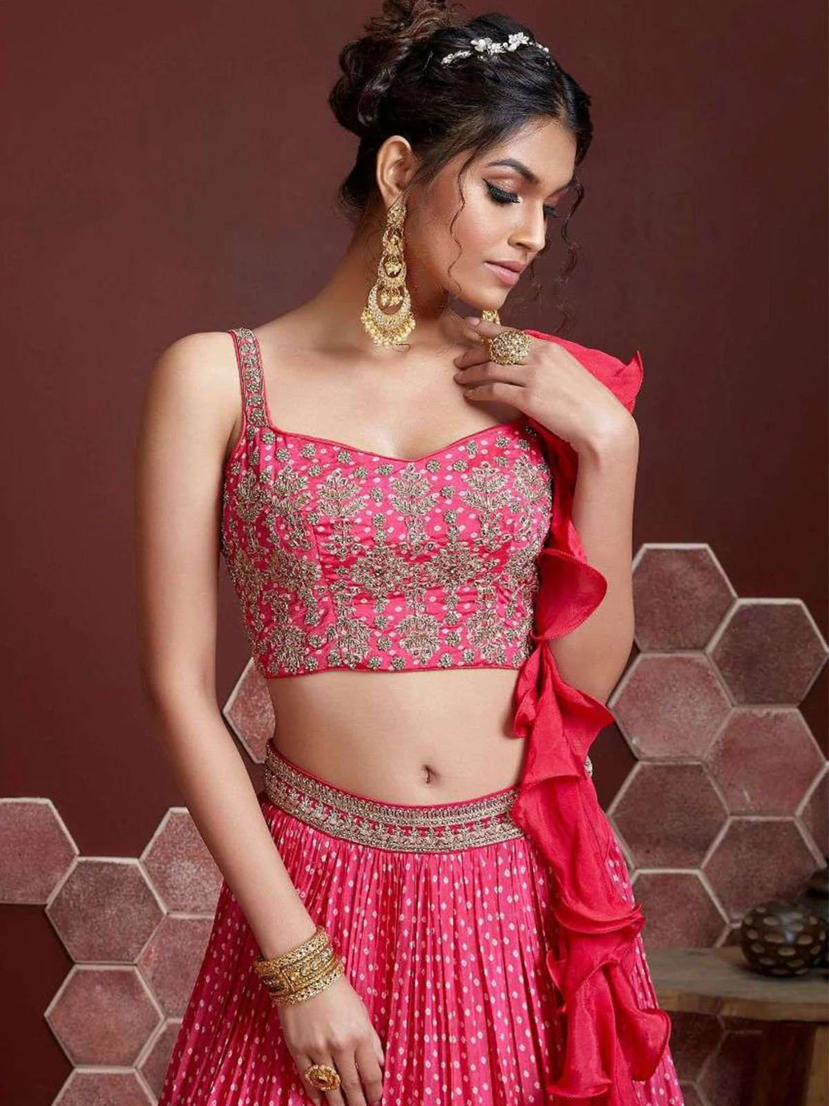 Odette Pink Chinon Silk Embroidered Semi Stitched Lehenga With Unstitched Blouse For Women - Image 2
