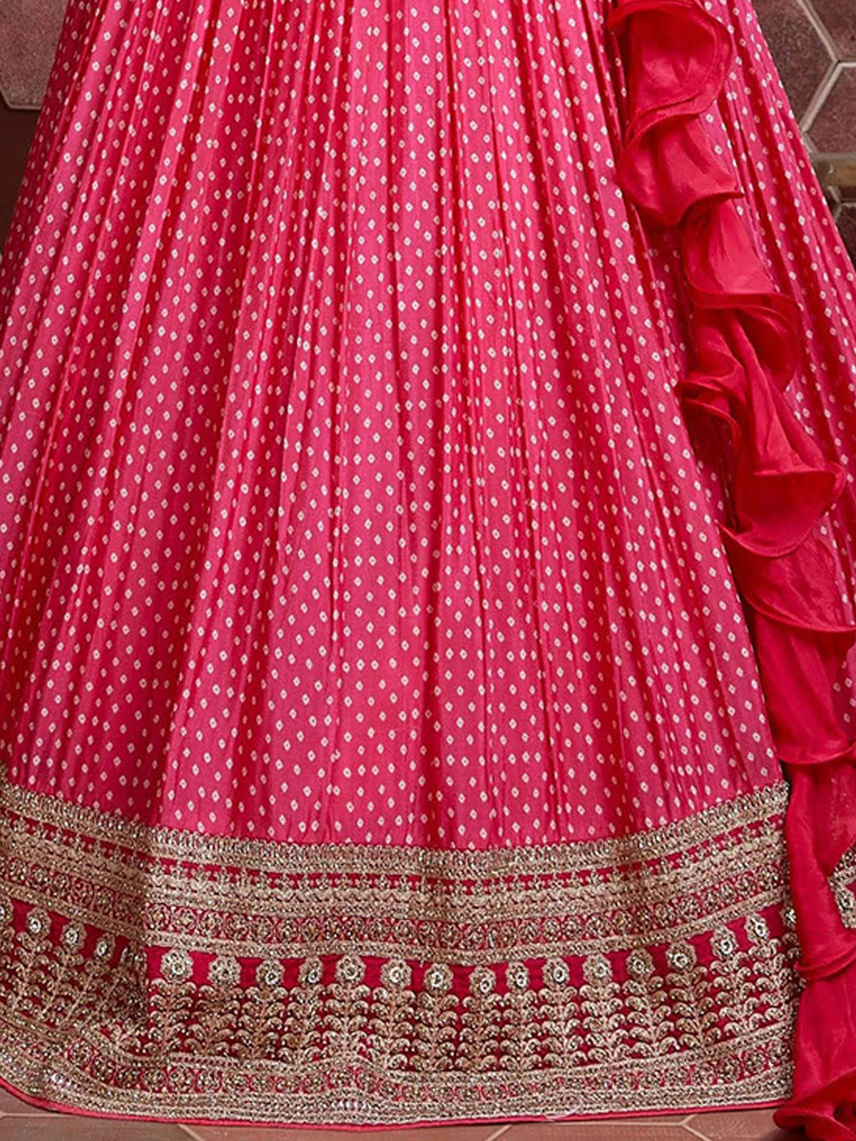 Odette Pink Chinon Silk Embroidered Semi Stitched Lehenga With Unstitched Blouse For Women - Image 3