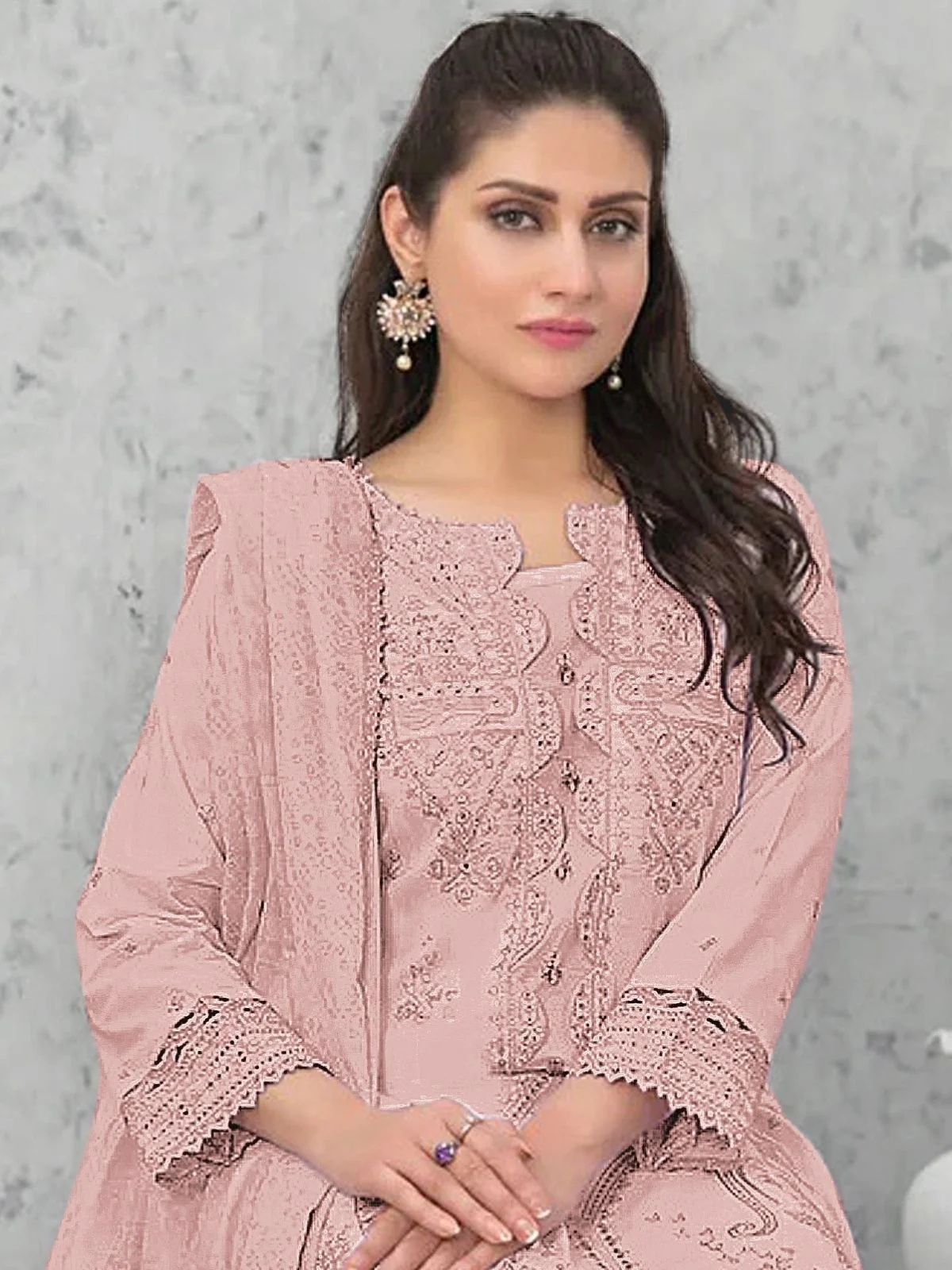 Odette Pink Cotton Blend Embroidered Semi Stitched Kurta Set For Women - Image 2