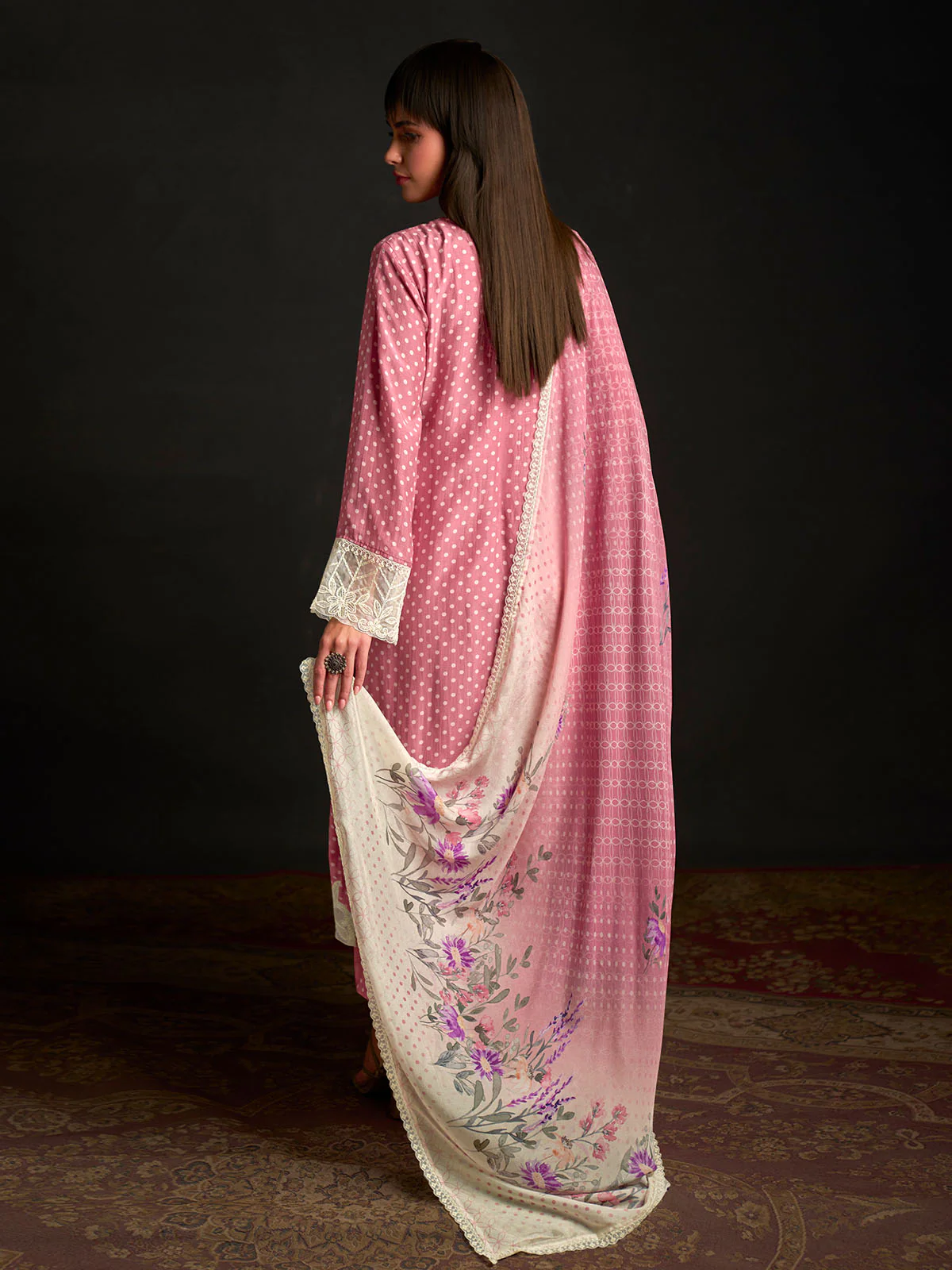 Odette Pink Cotton Blend  Embroidered Semi-Stitched Kurta Set For Women - Image 3