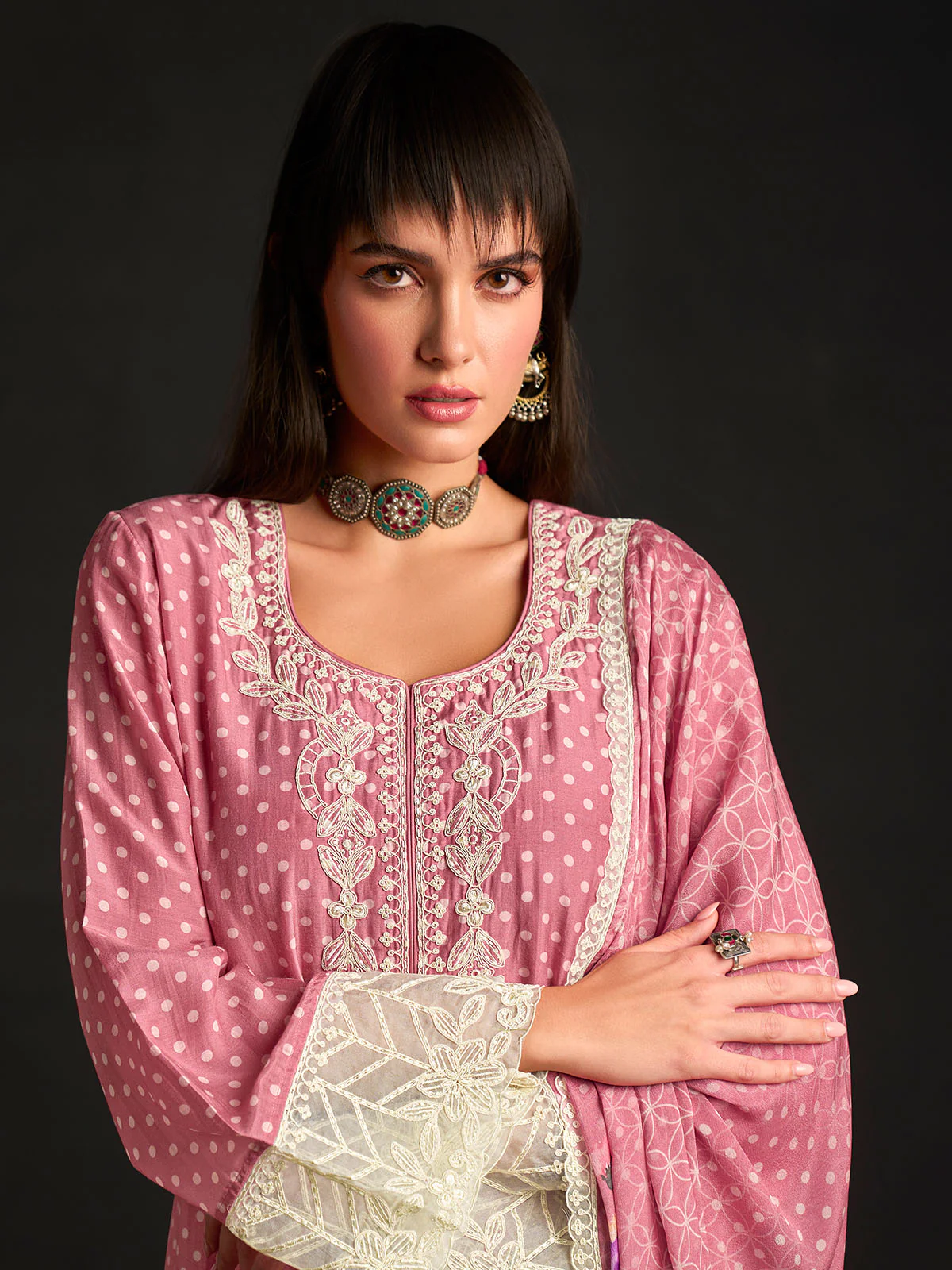 Odette Pink Cotton Blend  Embroidered Semi-Stitched Kurta Set For Women - Image 4