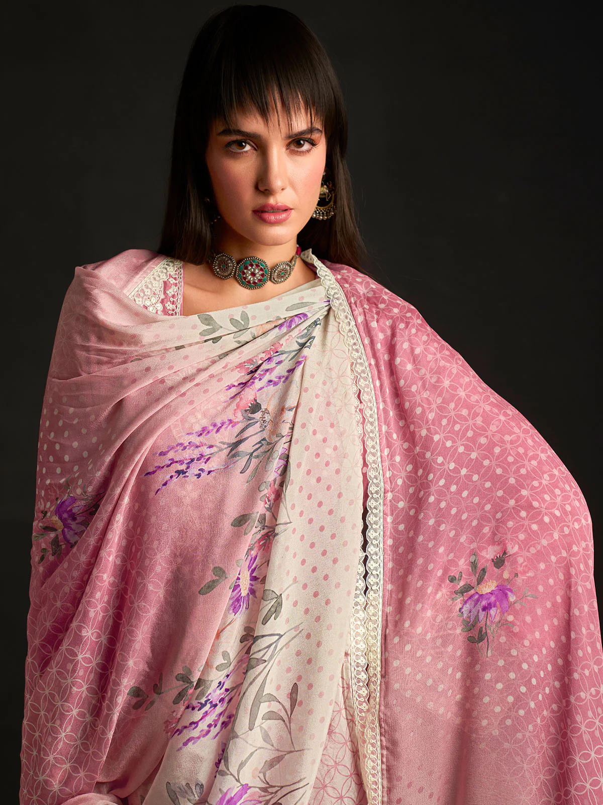 Odette Pink Cotton Blend  Embroidered Semi-Stitched Kurta Set For Women - Image 5