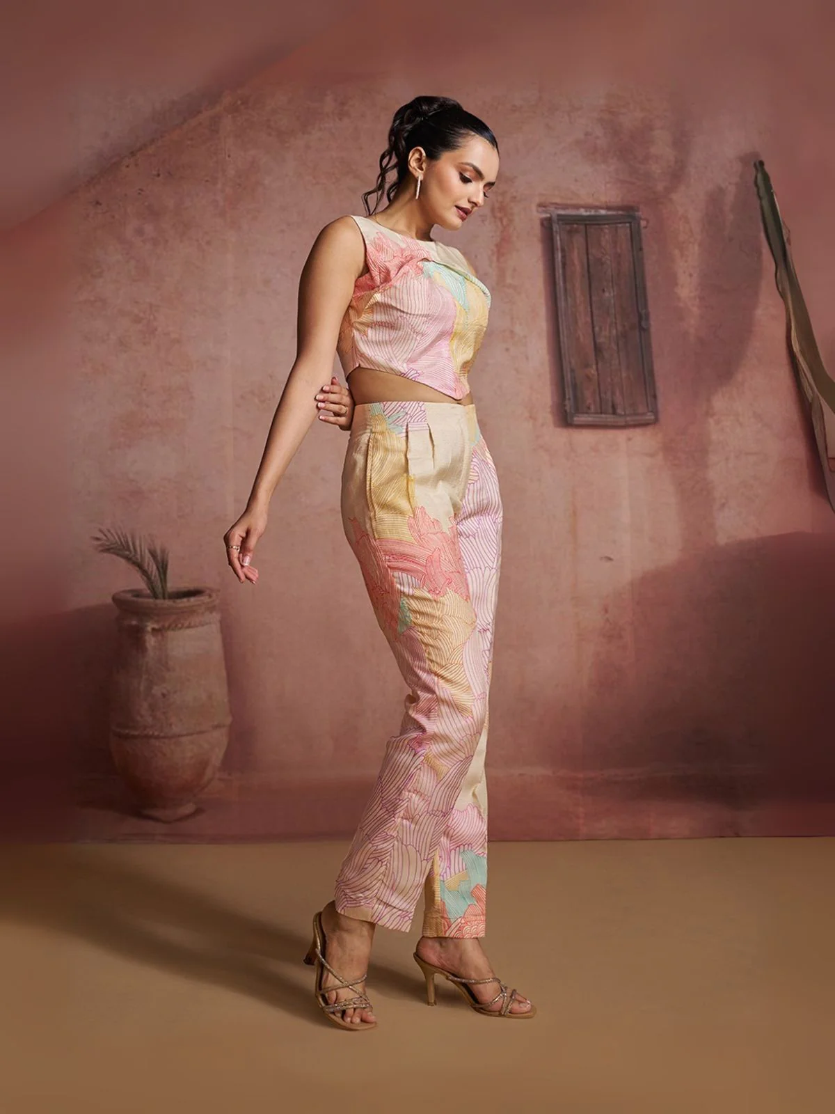 Odette Pink Cotton Blend Printed Co-ord Set For Women - Image 3