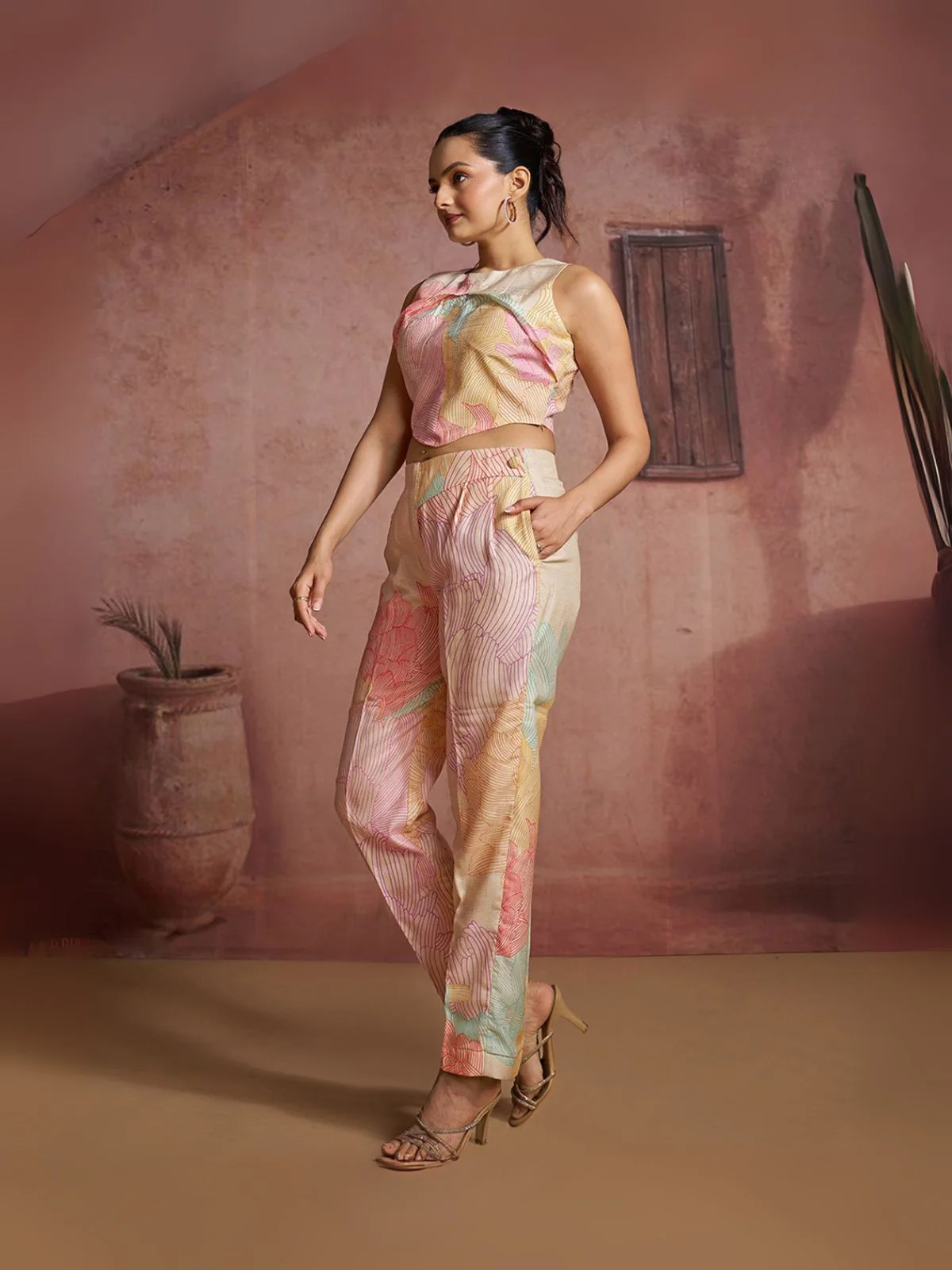 Odette Pink Cotton Blend Printed Co-ord Set For Women - Image 4