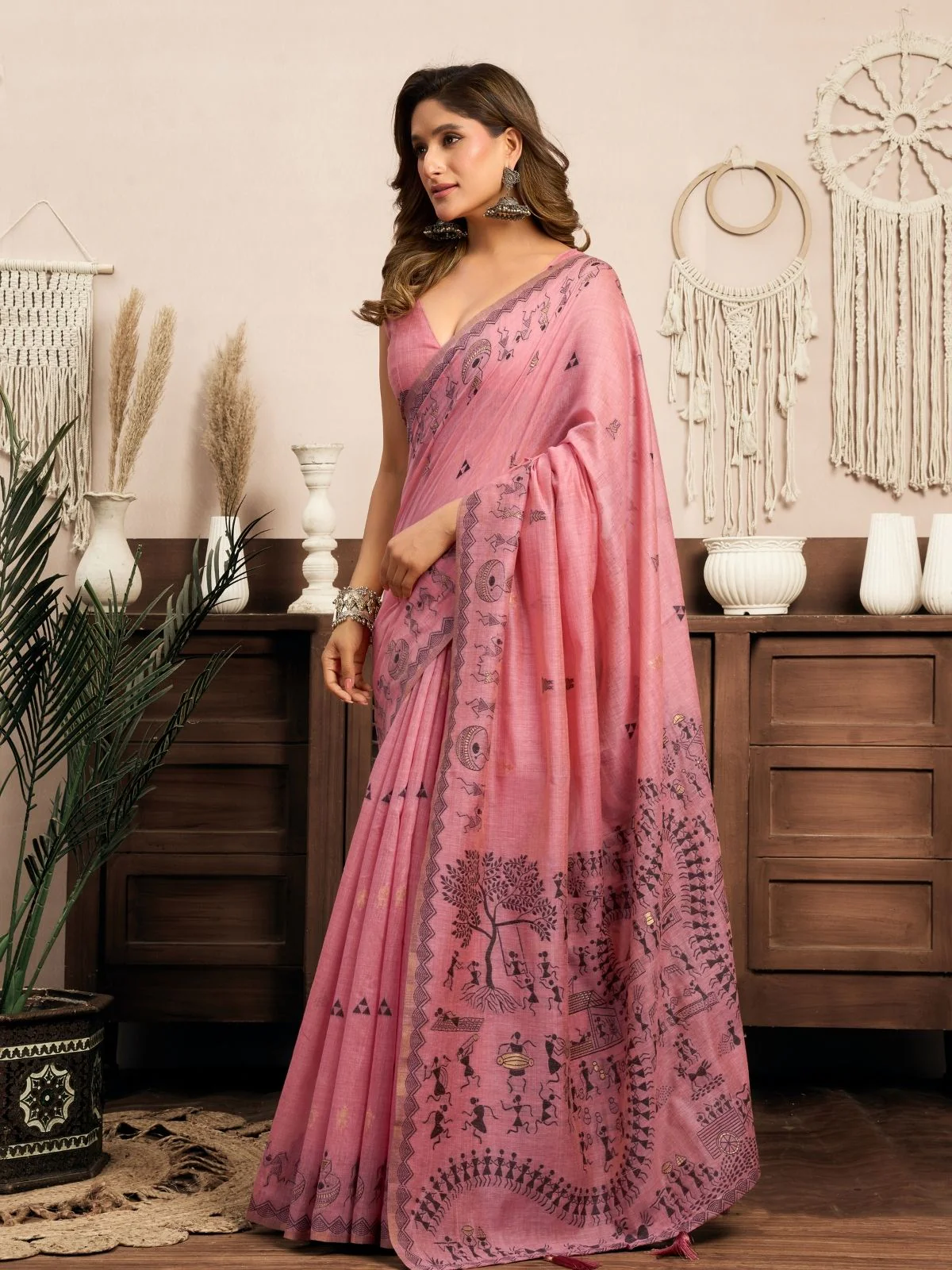 Odette Pink Cotton Blend Printed Saree For Women - Image 2
