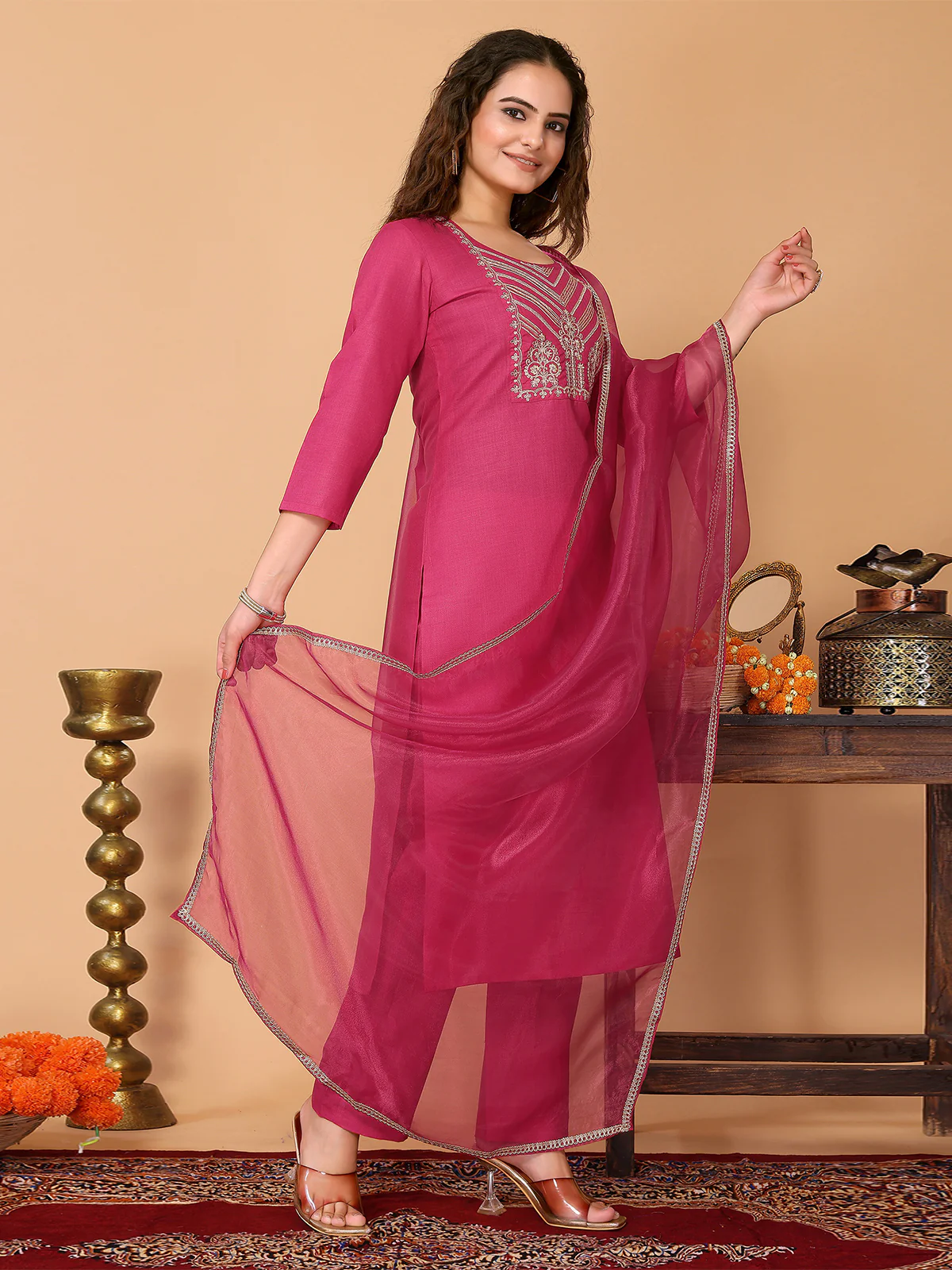 Odette Pink Cotton Blend Embroidered Stitched Kurta Set For Women - Image 2