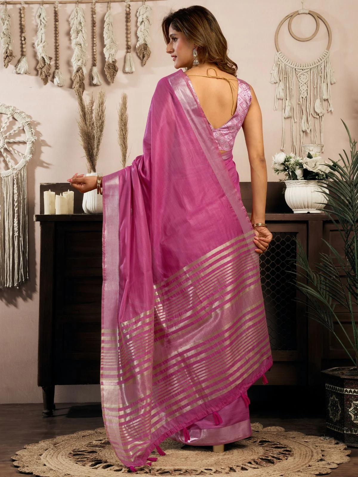 Odette Pink Cotton Blend Woven Saree For Women - Image 4