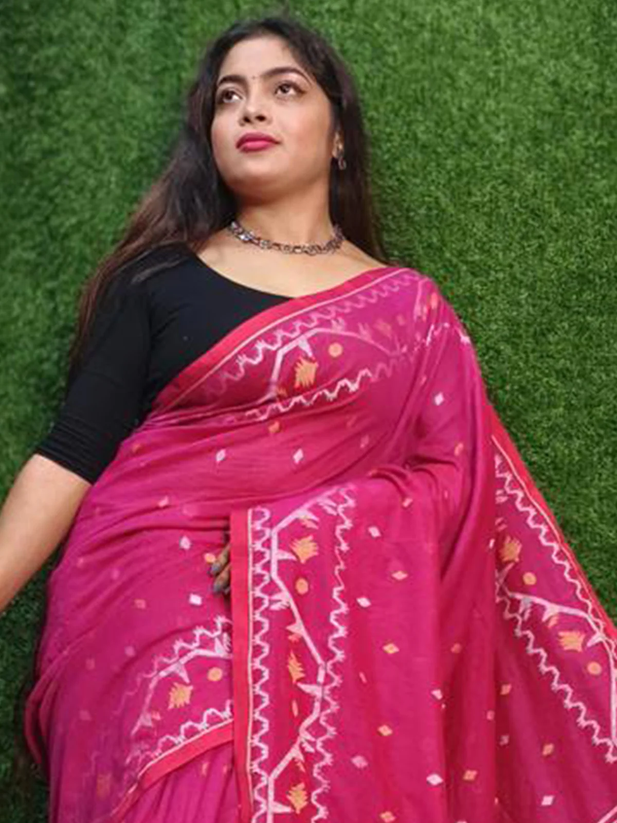 Odette Pink  Cotton Jamdani Saree  With Unstitched Blouse for Women - Image 4