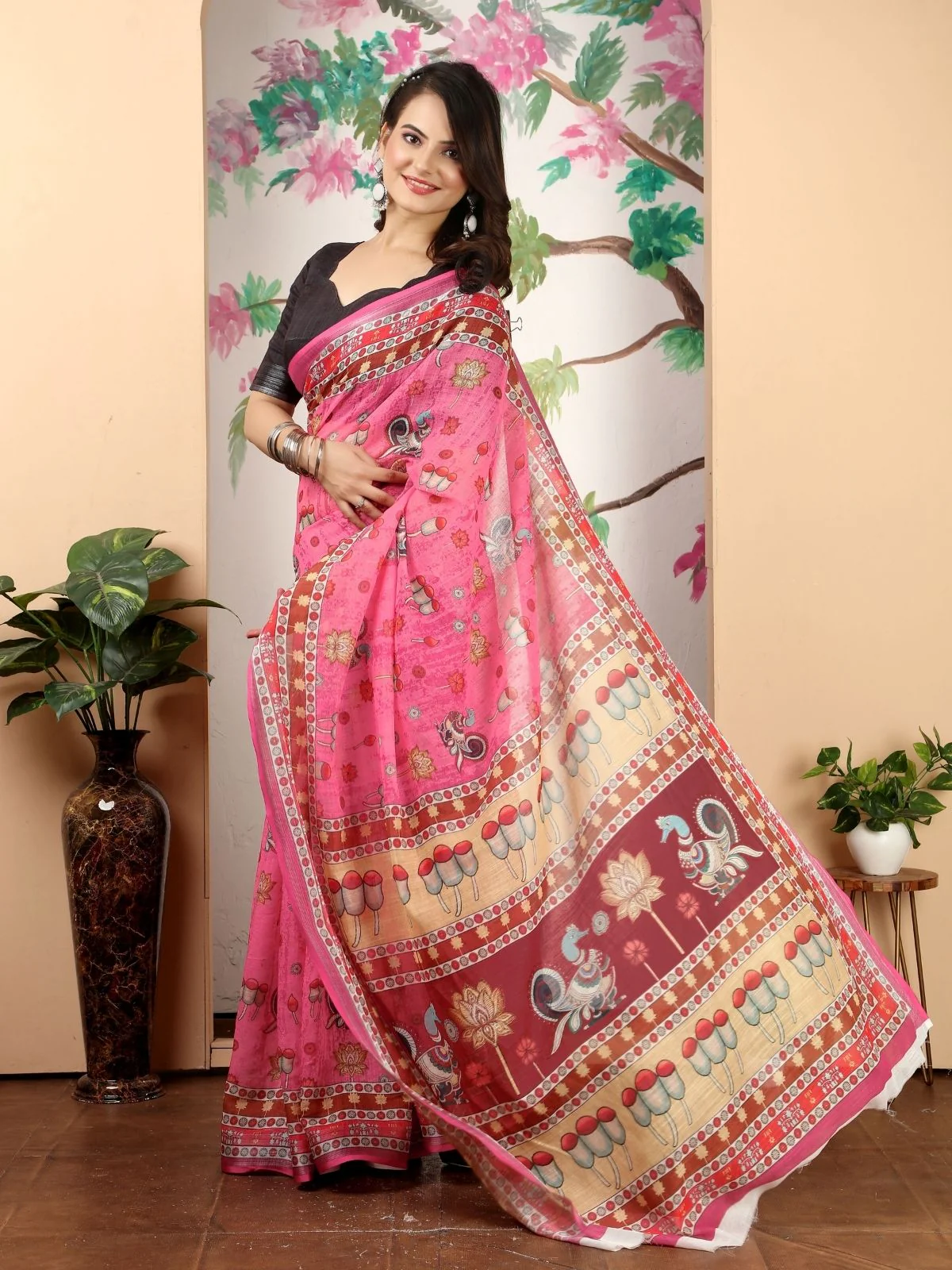 Odette Pink Cotton Linen Solid Printed Saree For Women - Image 2