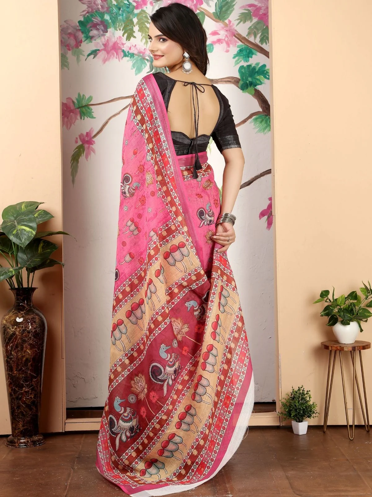 Odette Pink Cotton Linen Solid Printed Saree For Women - Image 3