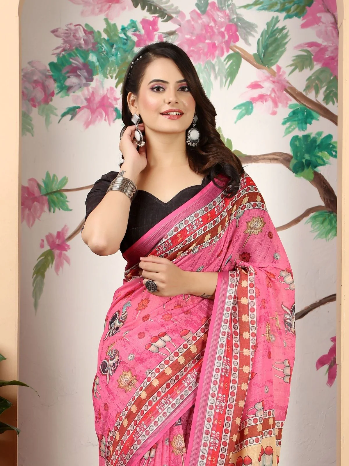 Odette Pink Cotton Linen Solid Printed Saree For Women - Image 4