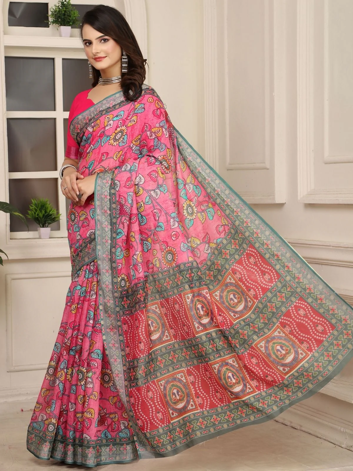 Odette Pink Cotton Linen Solid Printed Saree For Women - Image 2