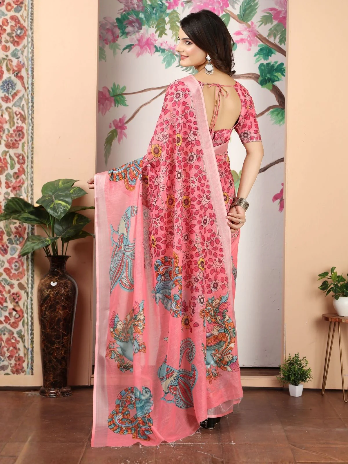 Odette Pink Cotton Linen Woven Printed Saree For Women - Image 2