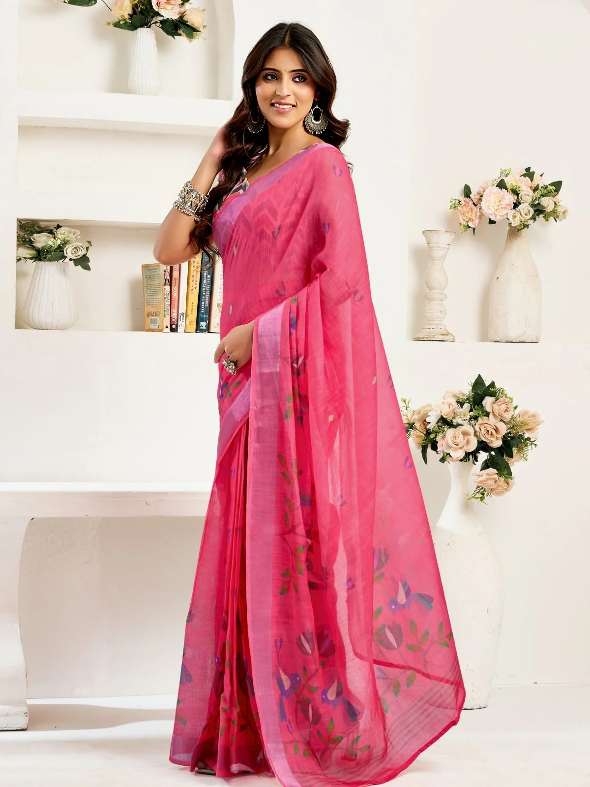 Odette Pink Cotton Linen Zari Work Saree For Women - Image 2