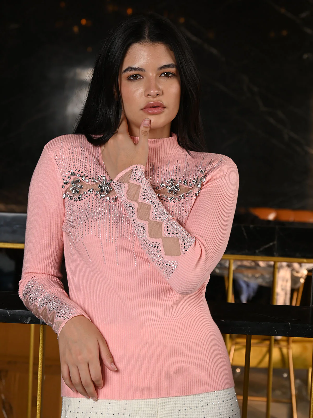 Odette Pink Cotton Rib Embellished Top For Women - Image 2