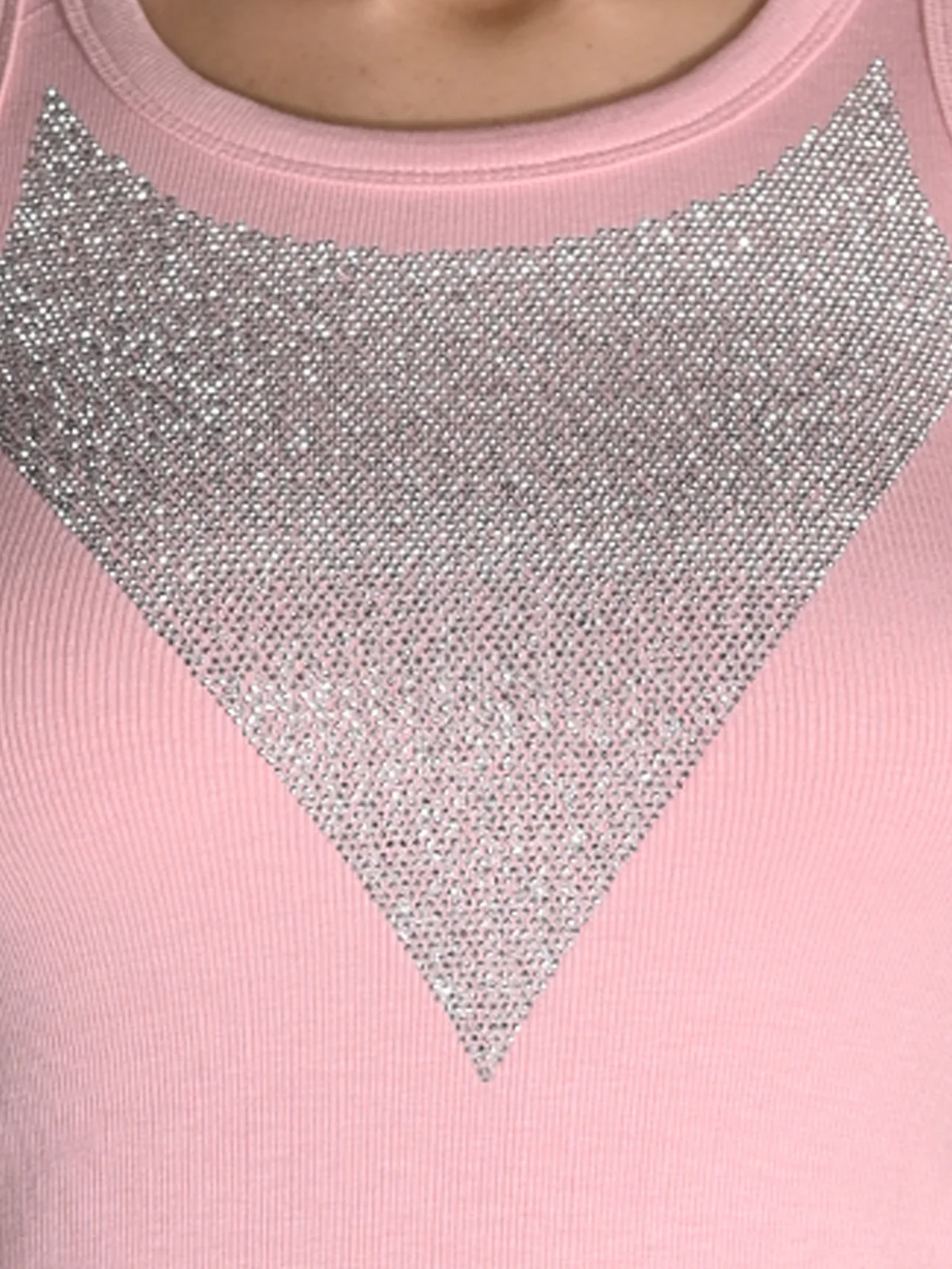 Odette Pink Cotton Rib Embellished Top For Women - Image 5