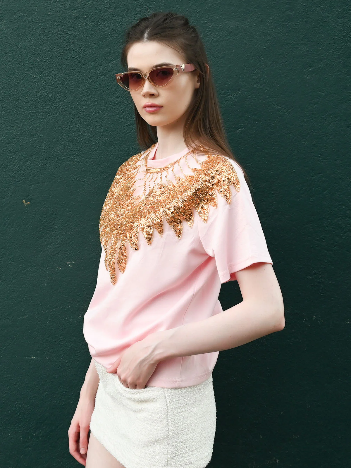 Odette Pink Cotton Rib Solid T-shirt For Women - Image 2