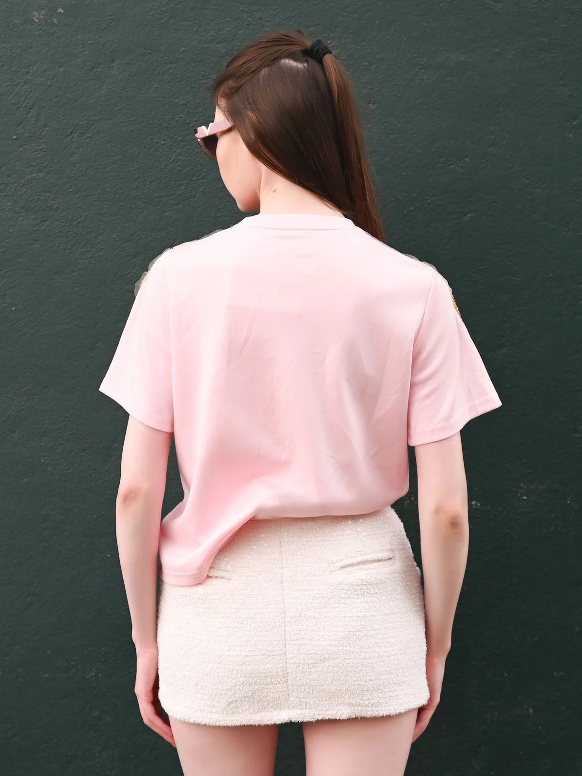 Odette Pink Cotton Rib Solid T-shirt For Women - Image 3
