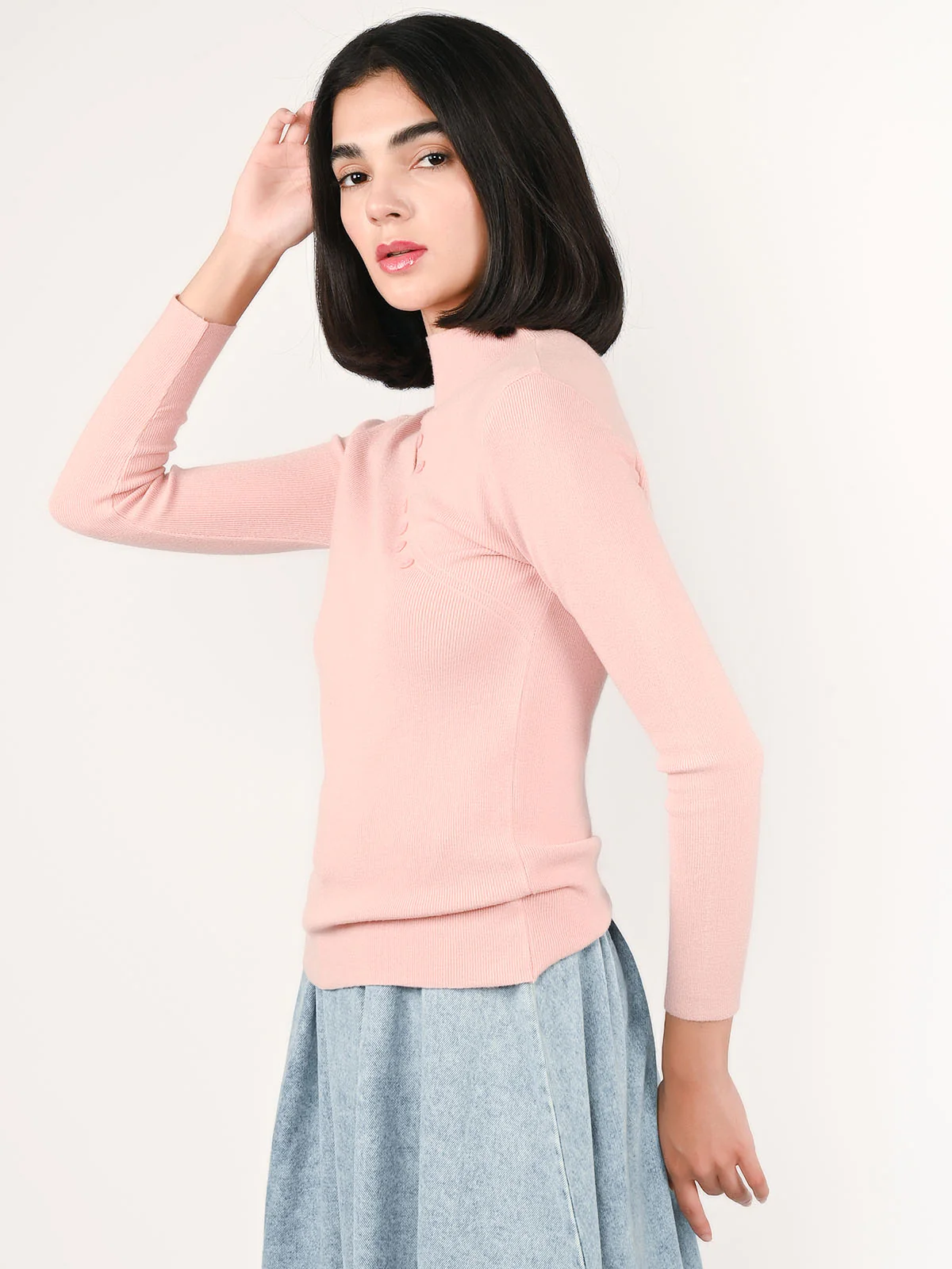 Odette Pink Cotton Rib Solid Top For Women - Image 3