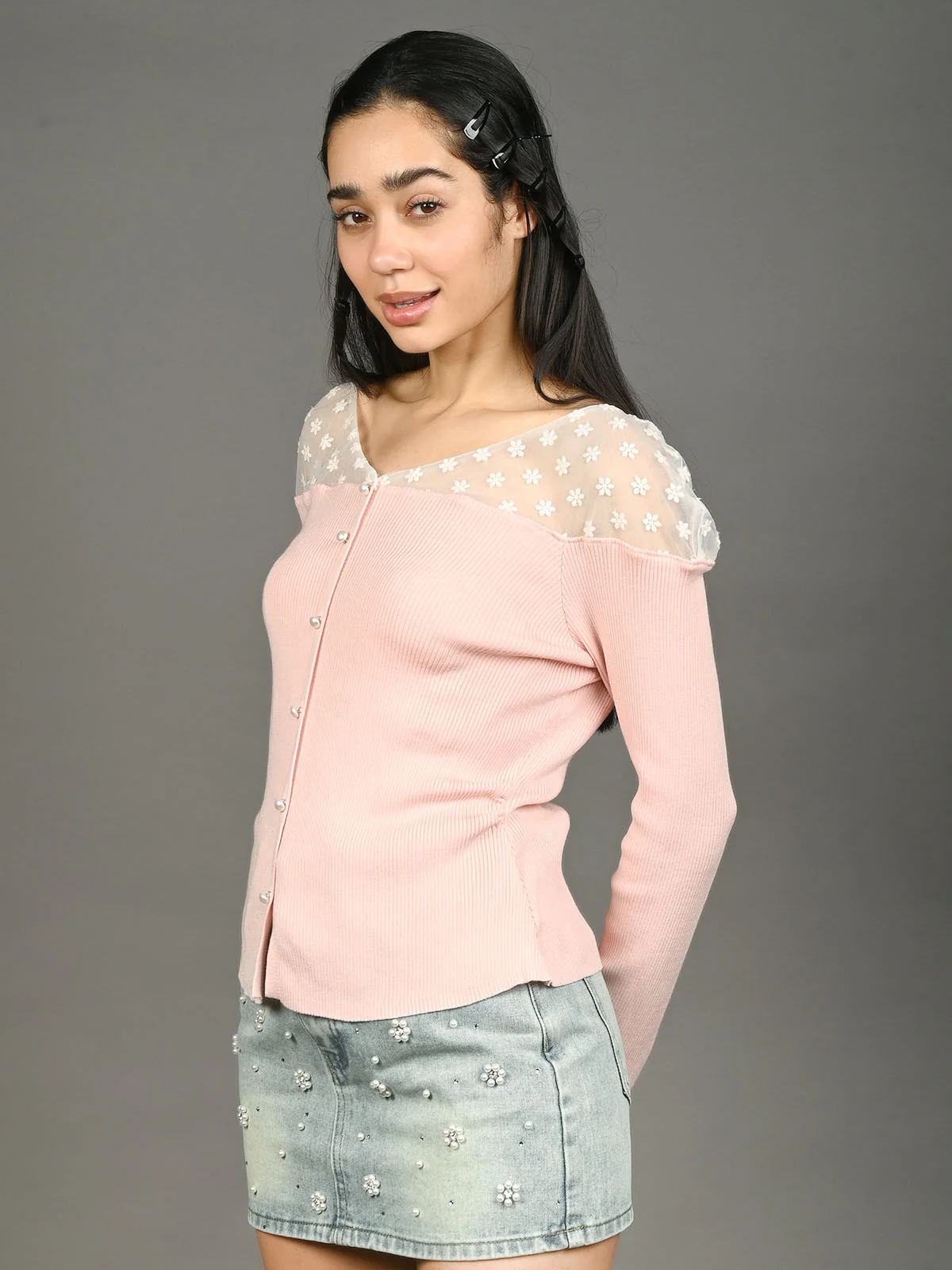 Odette Pink Cotton Rib Solid Top For Women - Image 2
