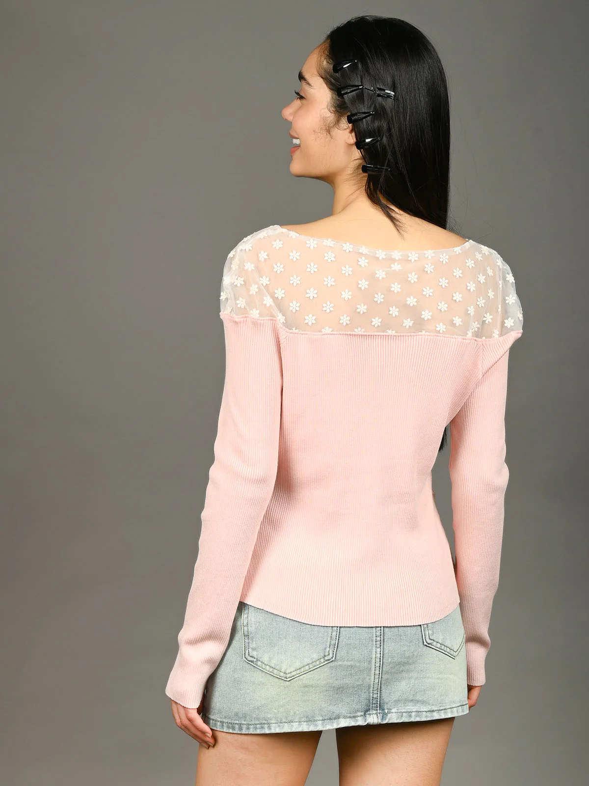 Odette Pink Cotton Rib Solid Top For Women - Image 3