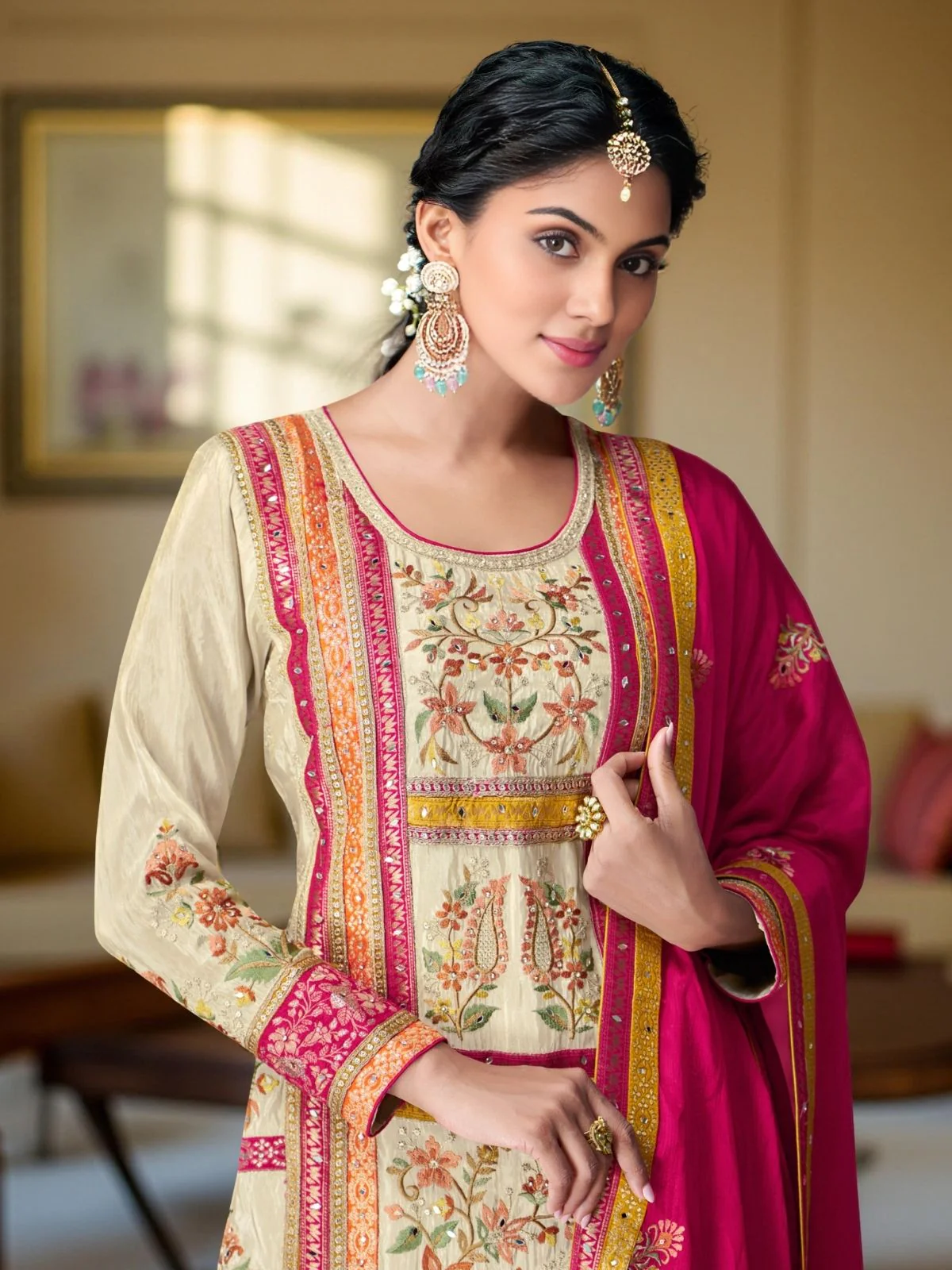 Odette Pink & Cream Chinon Embroidered Stitched Kurta Set For Women - Image 2