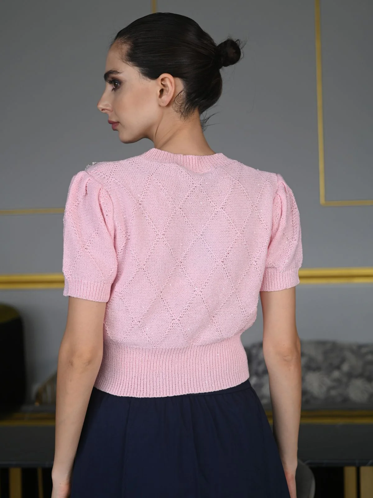 Odette Pink Designed Rib Embellished Top For Women - Image 4