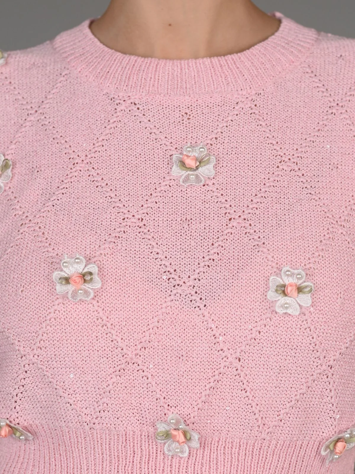 Odette Pink Designed Rib Embellished Top For Women - Image 5