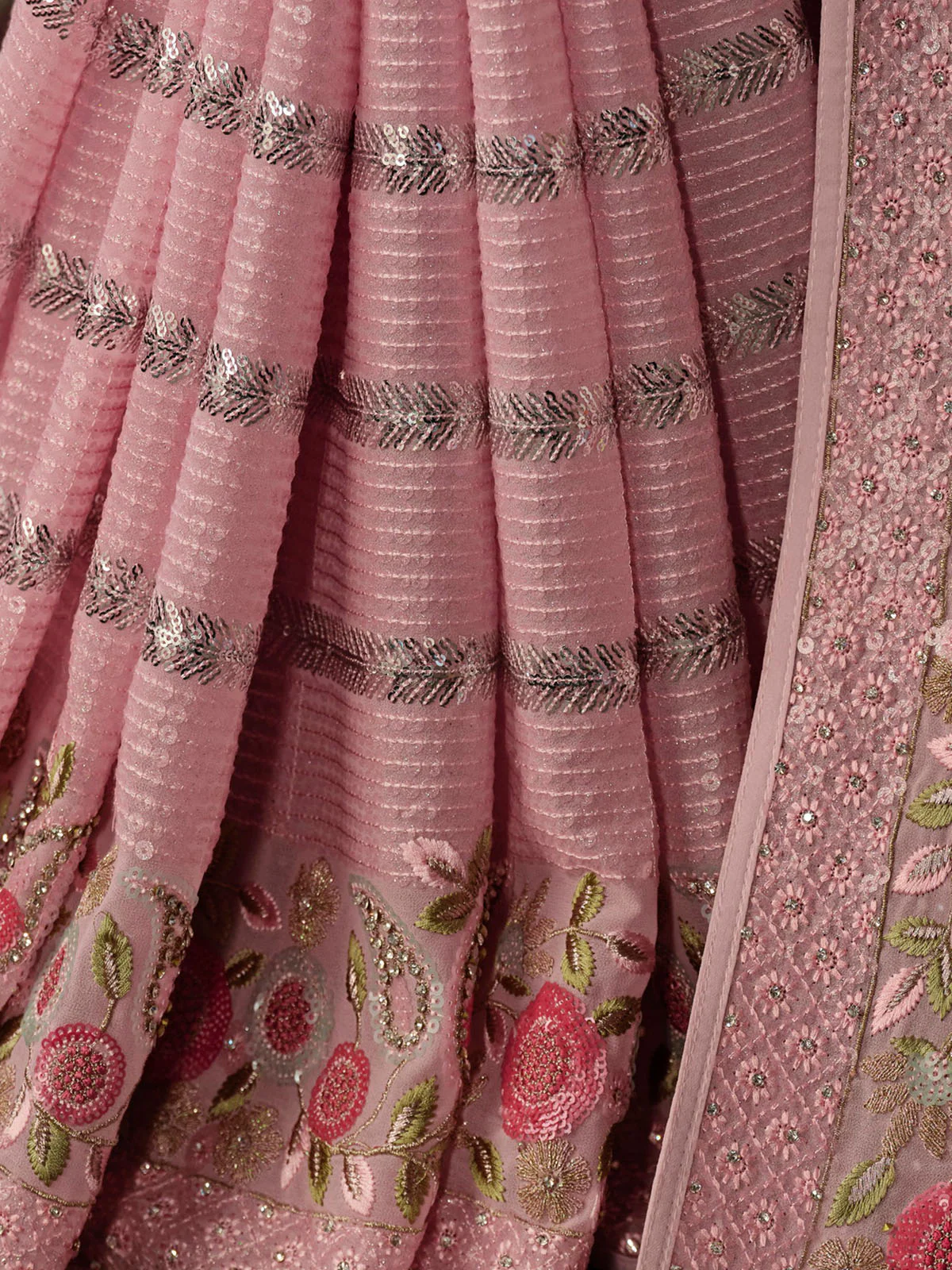 Odette Pink Embellished Georgette Saree With unstitched Blouse For Women - Image 6