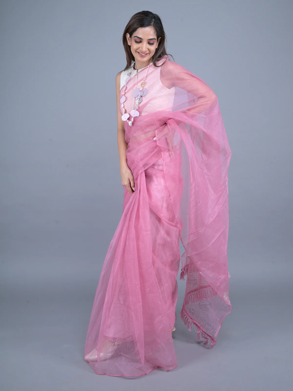 Odette Pink Embellished Net Saree with Unstitched Blouse for Women - Image 2