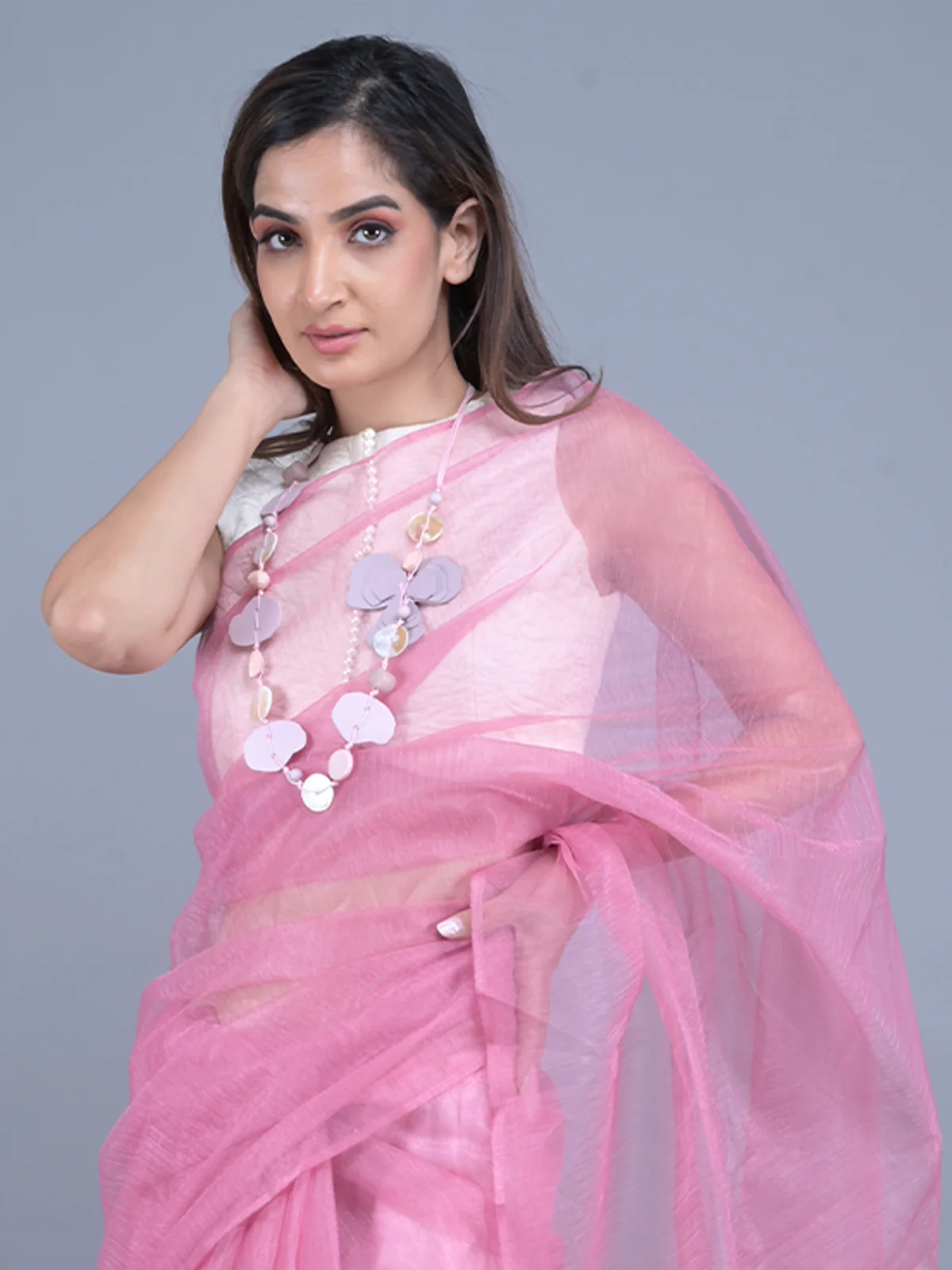 Odette Pink Embellished Net Saree with Unstitched Blouse for Women - Image 4