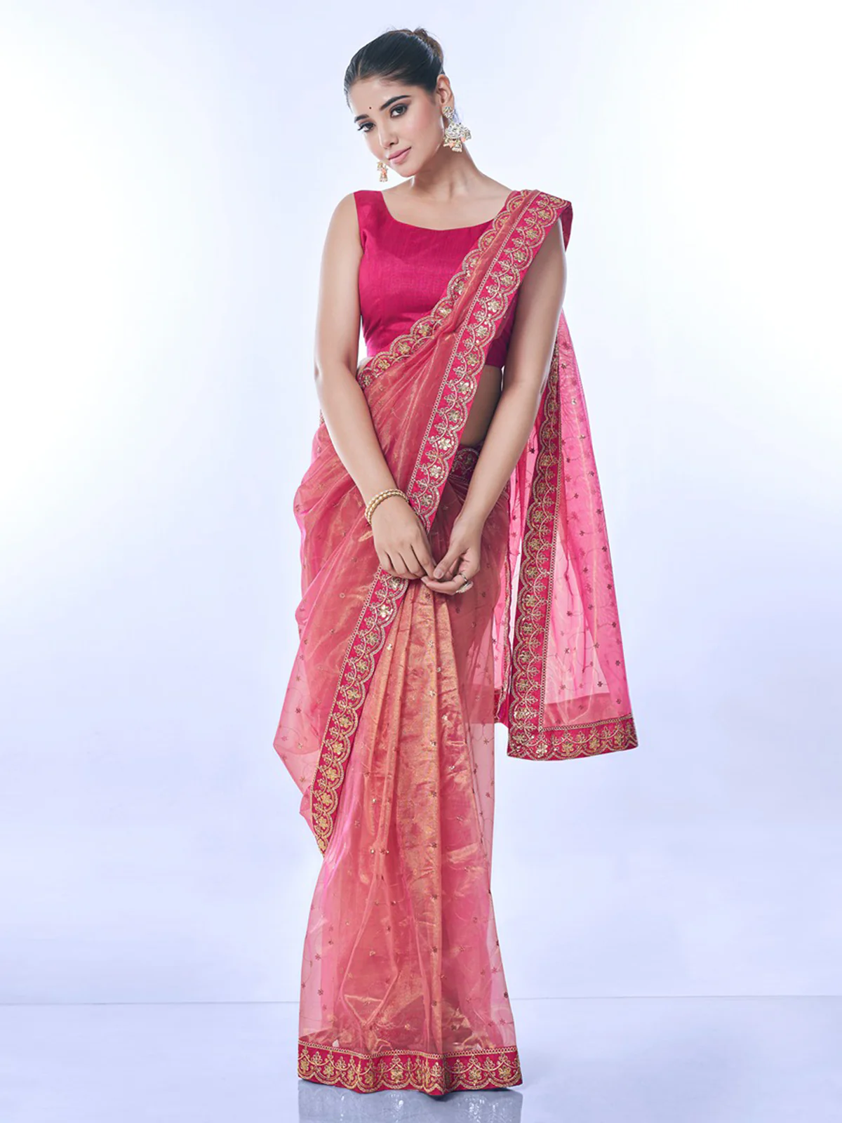Odette Pink Embellished Net Saree With Unstitched Blouse For Women - Image 2