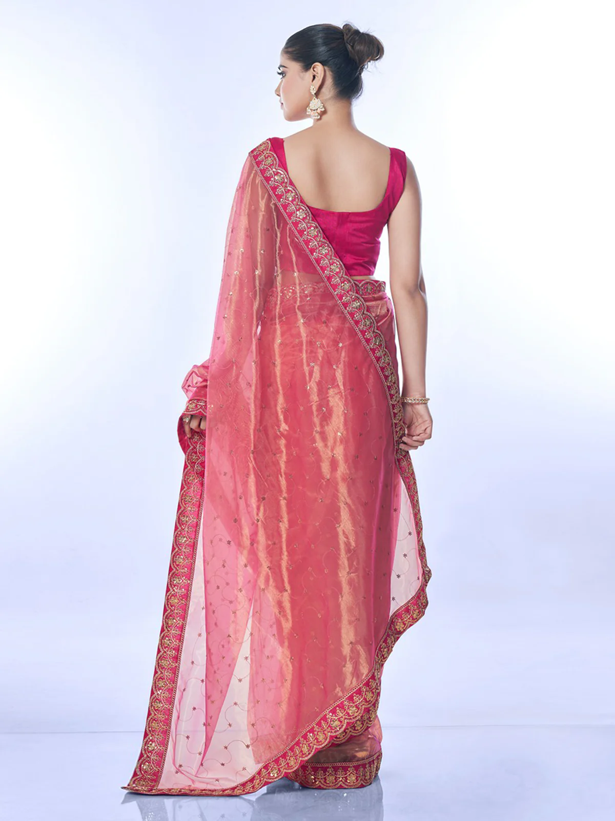 Odette Pink Embellished Net Saree With Unstitched Blouse For Women - Image 4