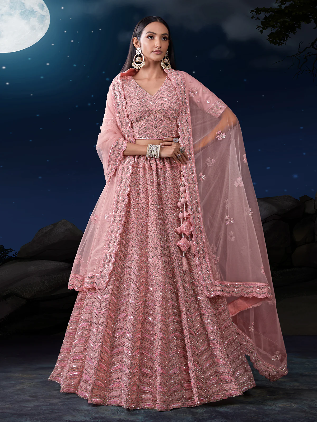 Odette Pink Embellished Soft Net Semi Stitched Lehenga With Blouse For Women - Image 3