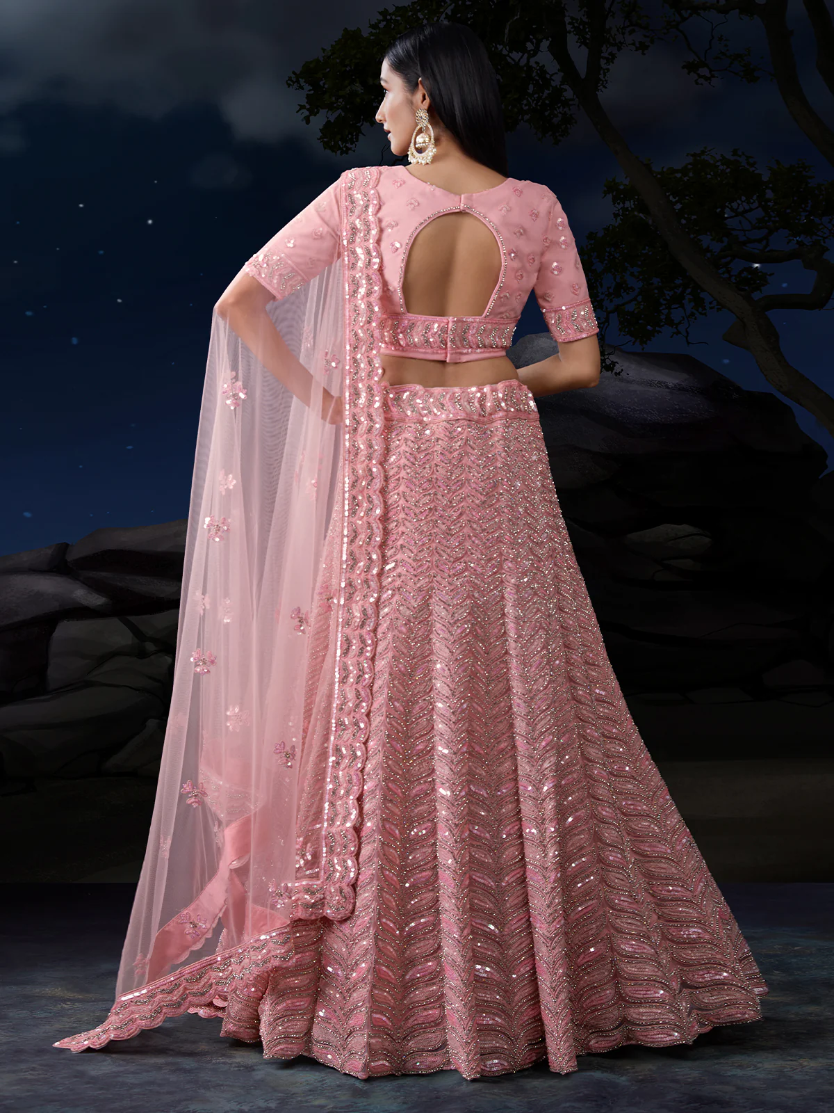 Odette Pink Embellished Soft Net Semi Stitched Lehenga With Blouse For Women - Image 4