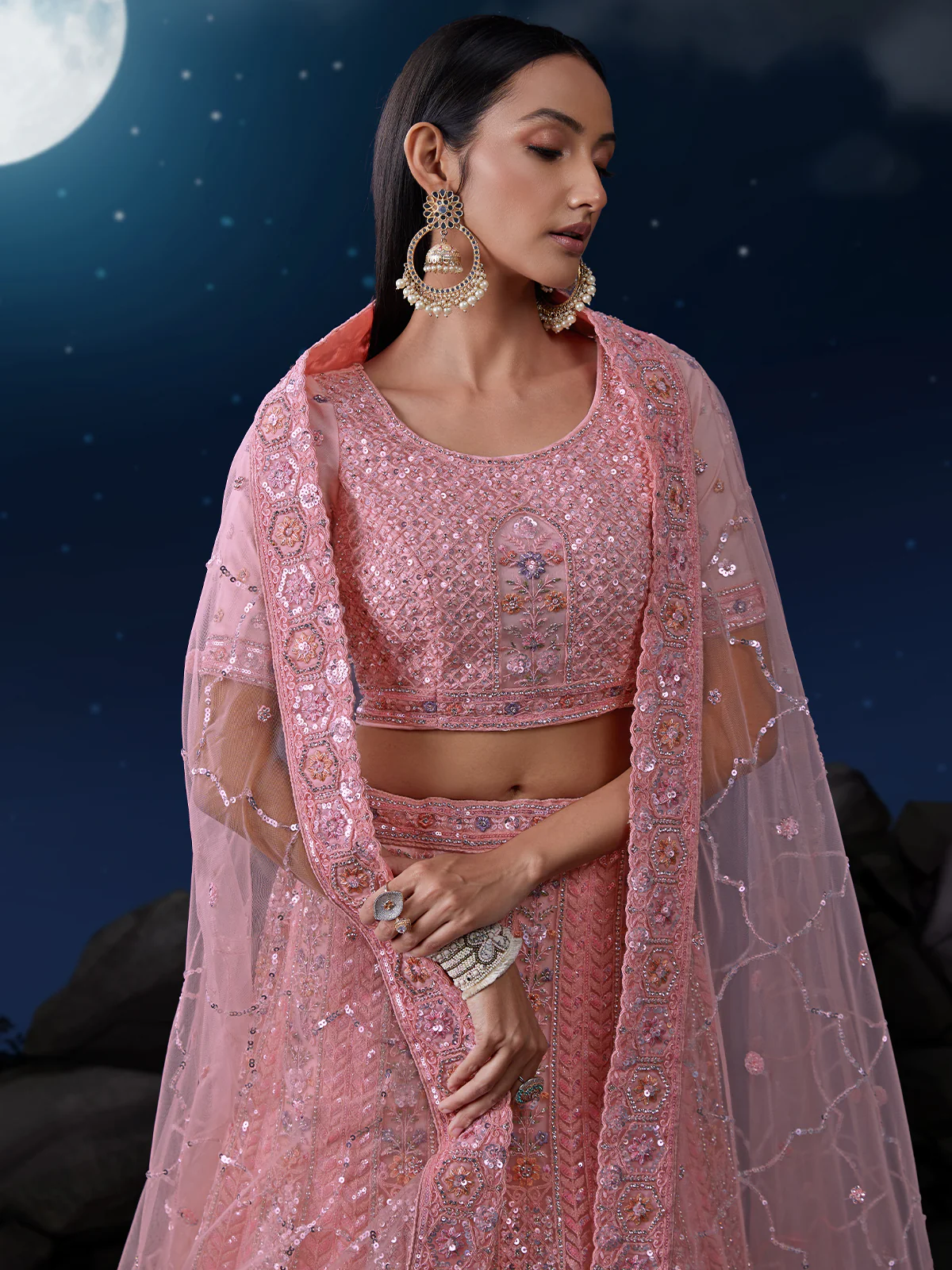 Odette Pink Embellished Soft Net Semi Stitched Lehenga With Blouse For Women - Image 5