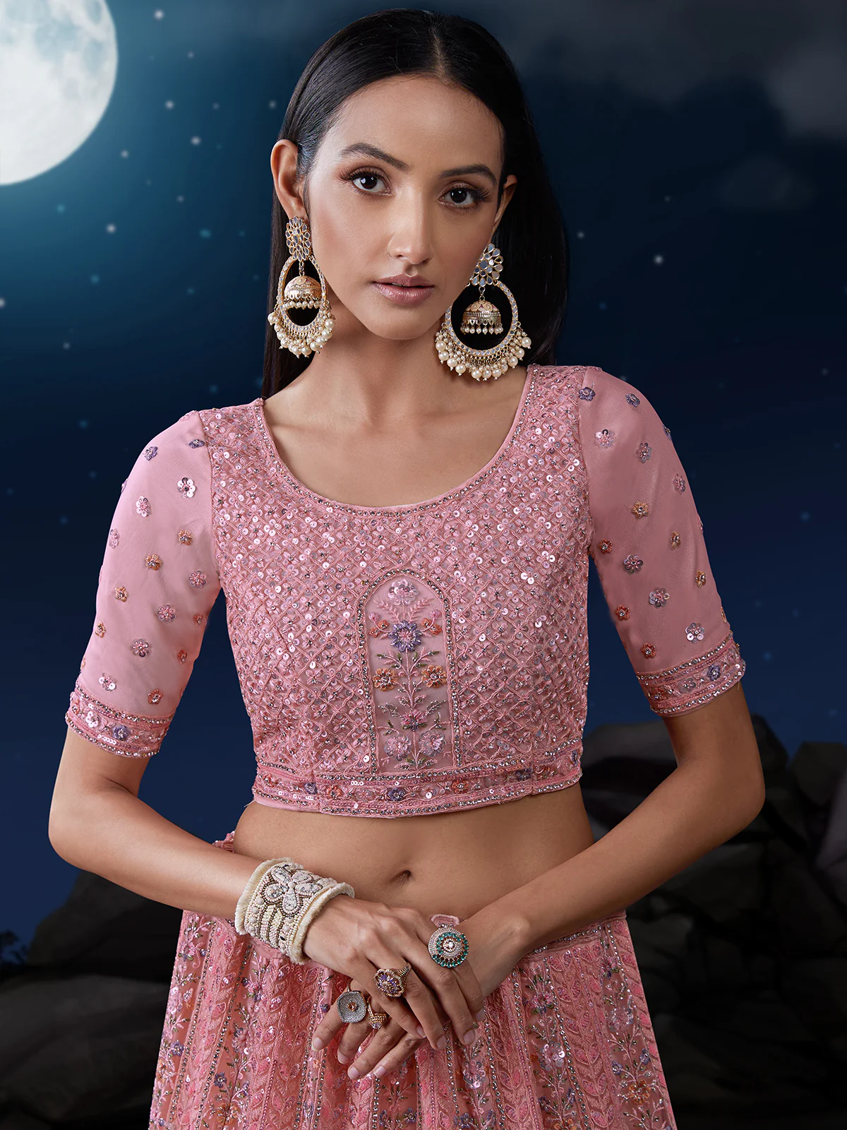 Odette Pink Embellished Soft Net Semi Stitched Lehenga With Blouse For Women - Image 6