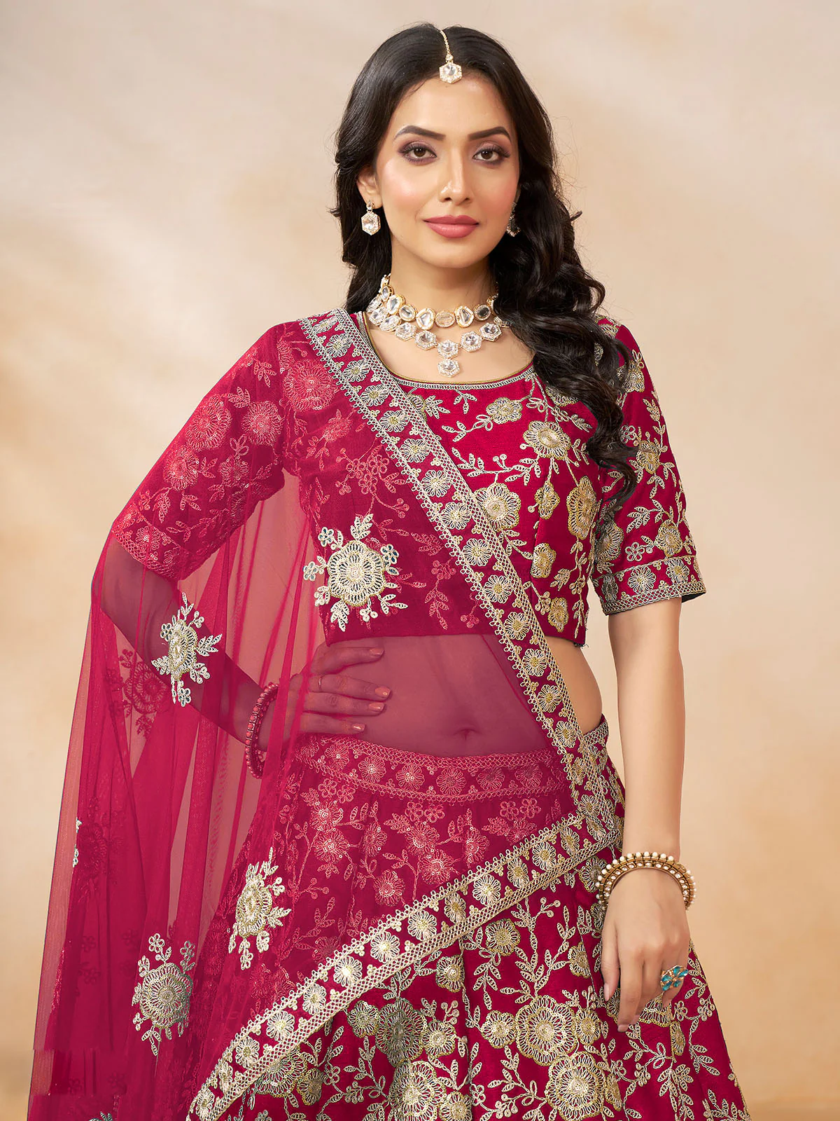 Odette Pink Embroidered Art Silk Semi Stitched Lehenga With Unstitched Blouse For Women - Image 3