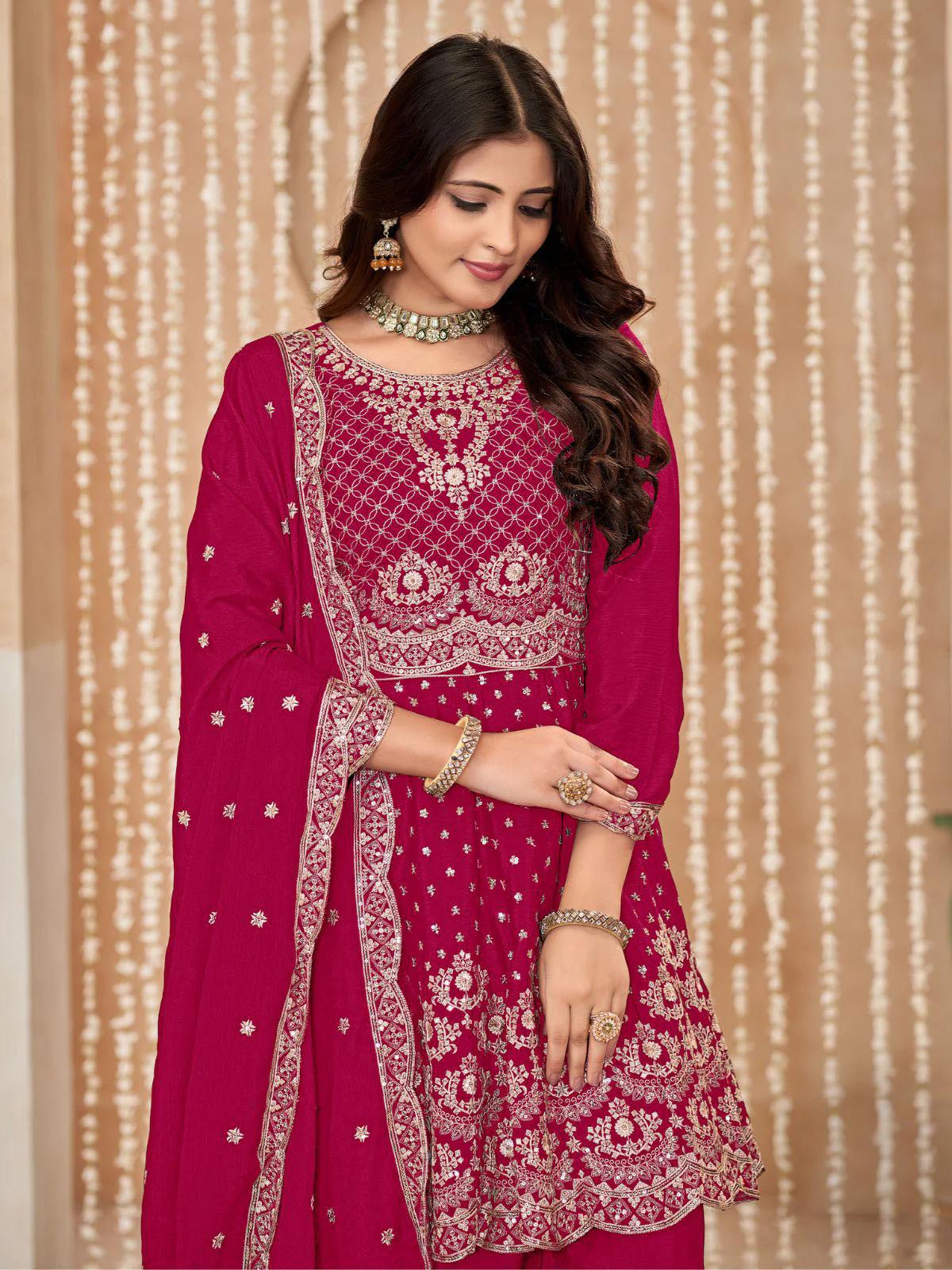 Odette Pink Embroidered Chinon Semi Stitched Kurta Set With Dupatta For Women - Image 3