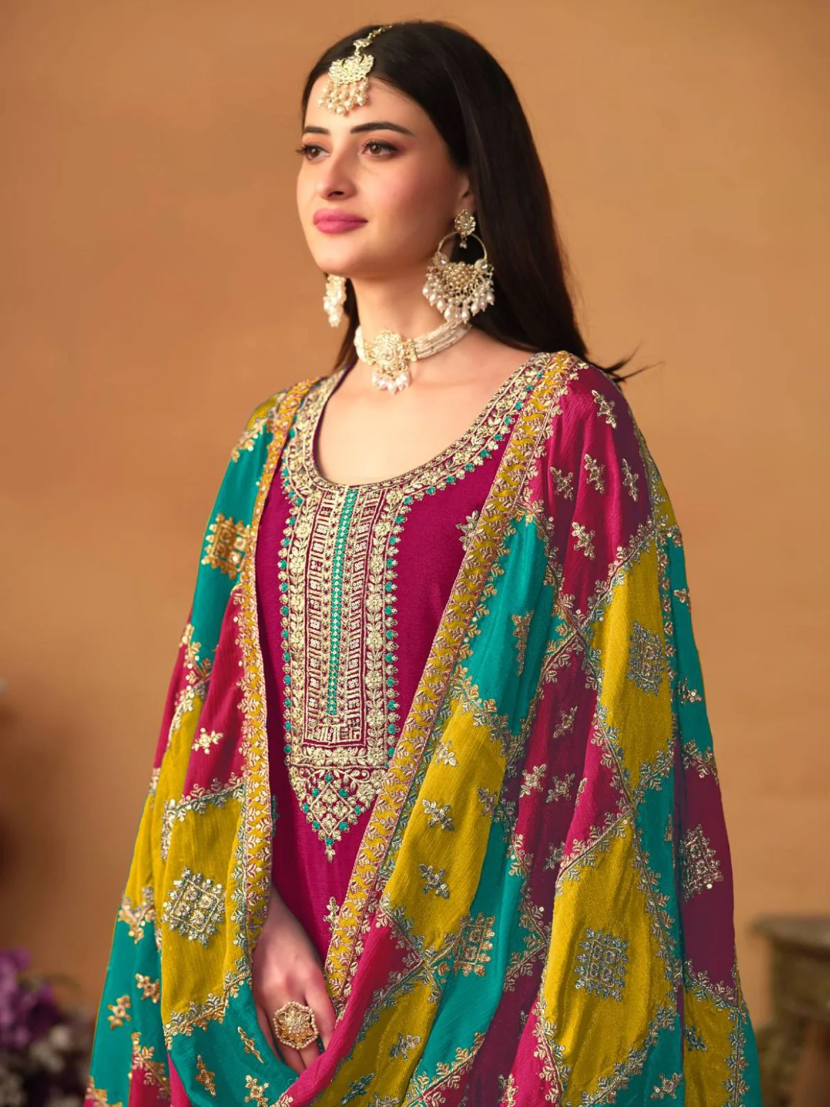 Odette Magenta Embroidered Chinon Silk Unstitched Kurta Set For Women - Image 4