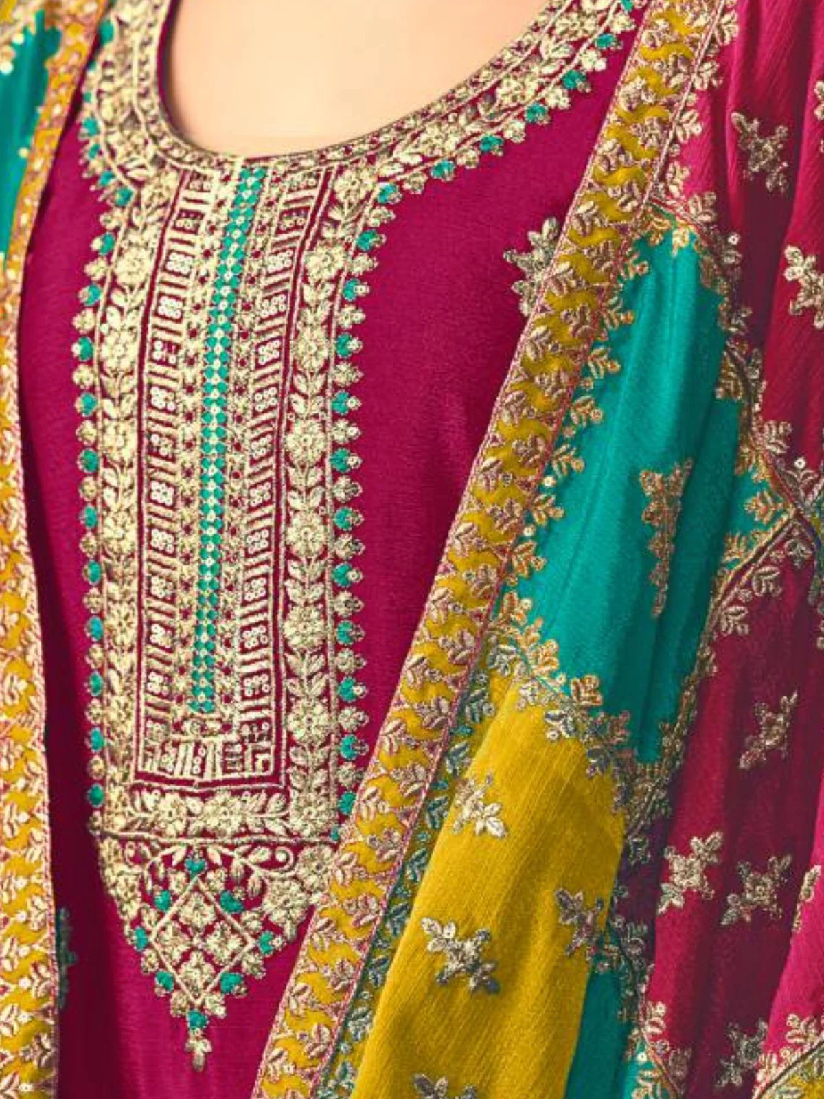 Odette Magenta Embroidered Chinon Silk Unstitched Kurta Set For Women - Image 5