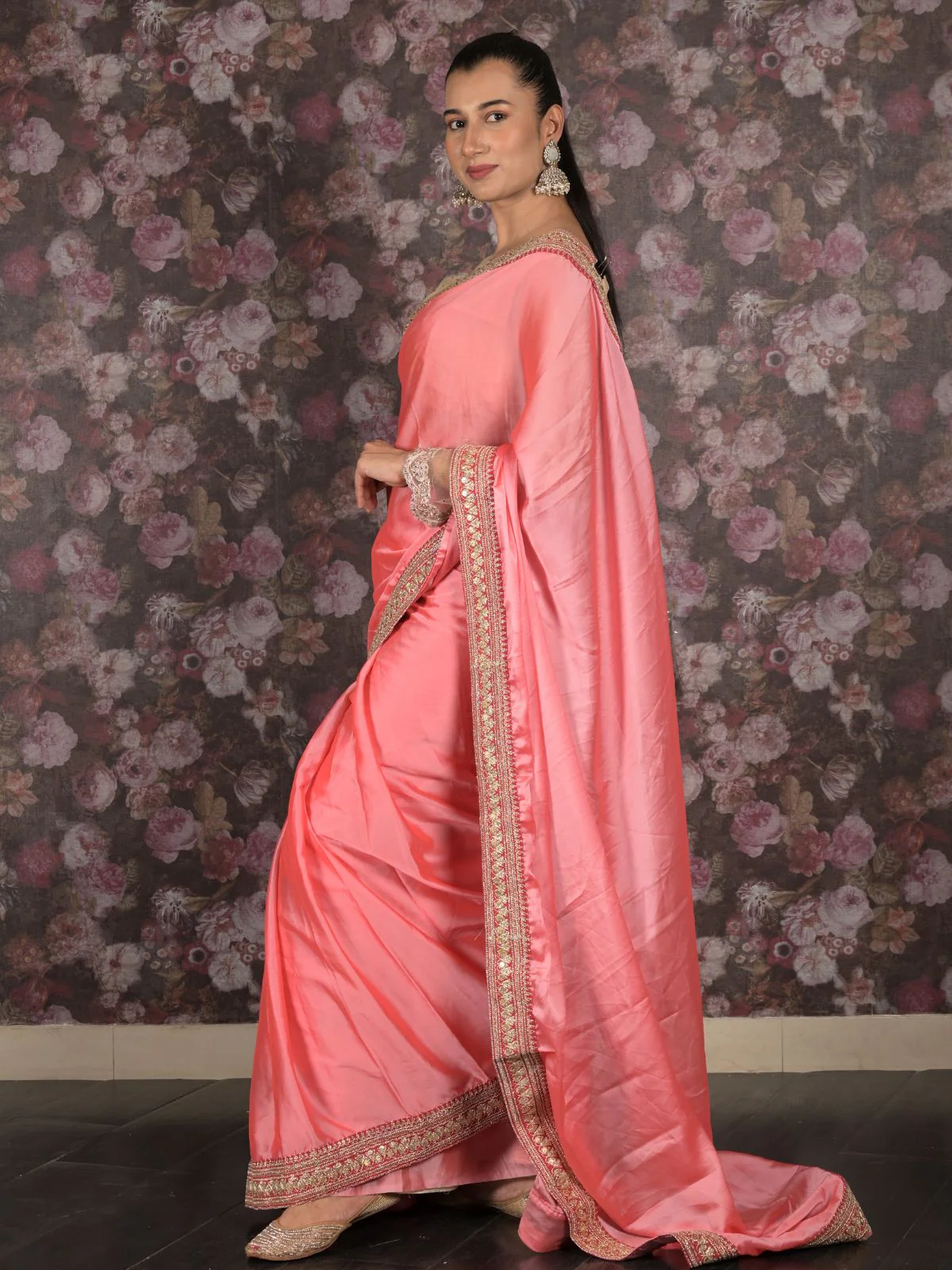 Odette Pink Embroidered Crepe Saree With Unstitched Blouse For Women - Image 3