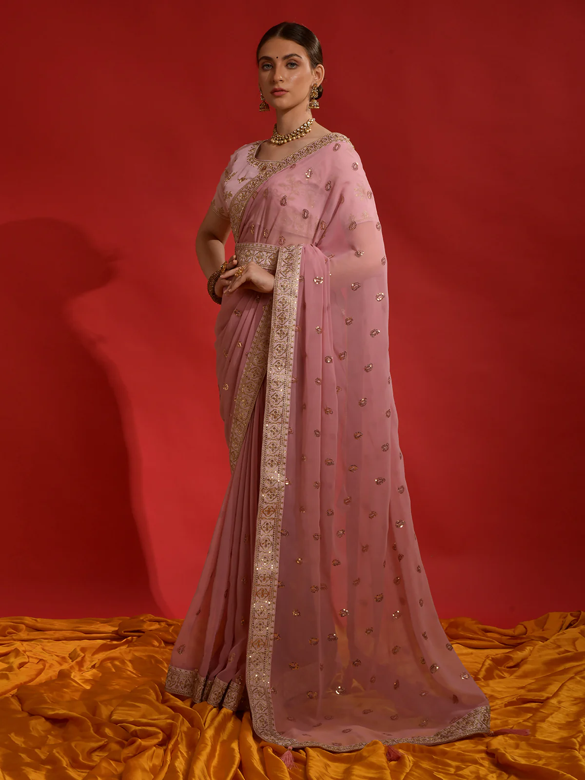 Odette Pink Embroidered Georgette Saree With Unstitched Blouse For Women - Image 3