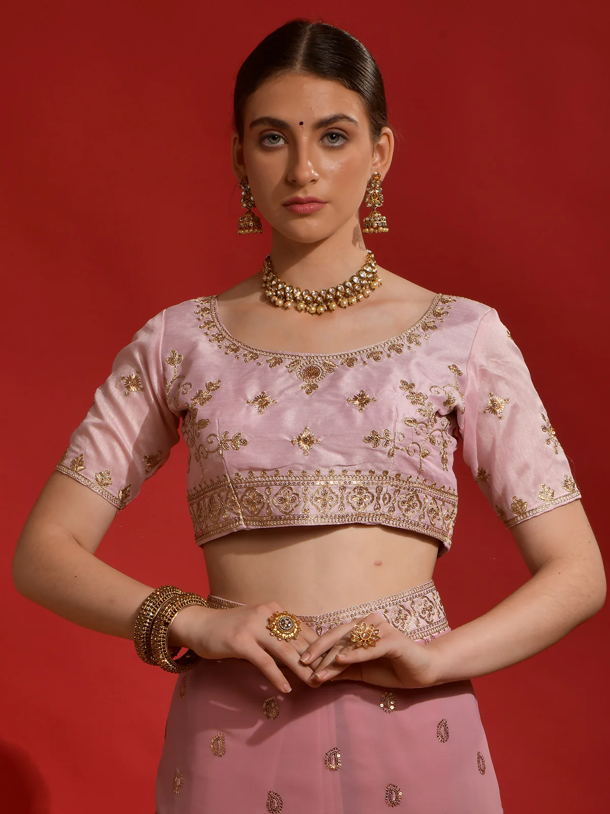 Odette Pink Embroidered Georgette Saree With Unstitched Blouse For Women - Image 6