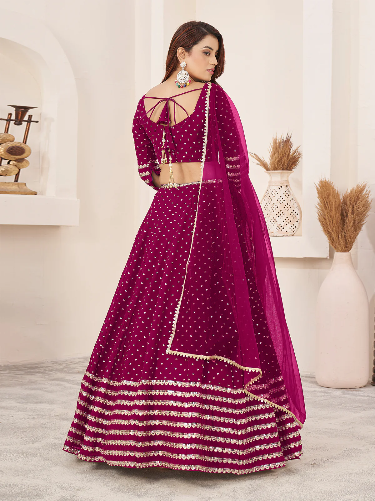 Odette Pink Georgette Embellished Semi Stiched Lehenga With Unstitched Blouse For Women - Image 3