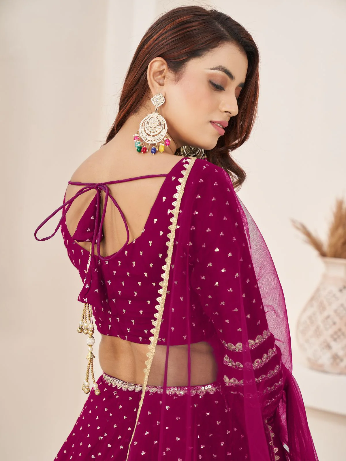 Odette Pink Georgette Embellished Semi Stiched Lehenga With Unstitched Blouse For Women - Image 6