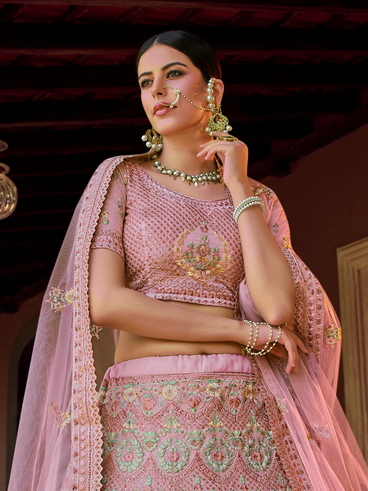 Odette Pink Embroidered Georgette Semi Stitched Lehenga With Blouse For Women - Image 3